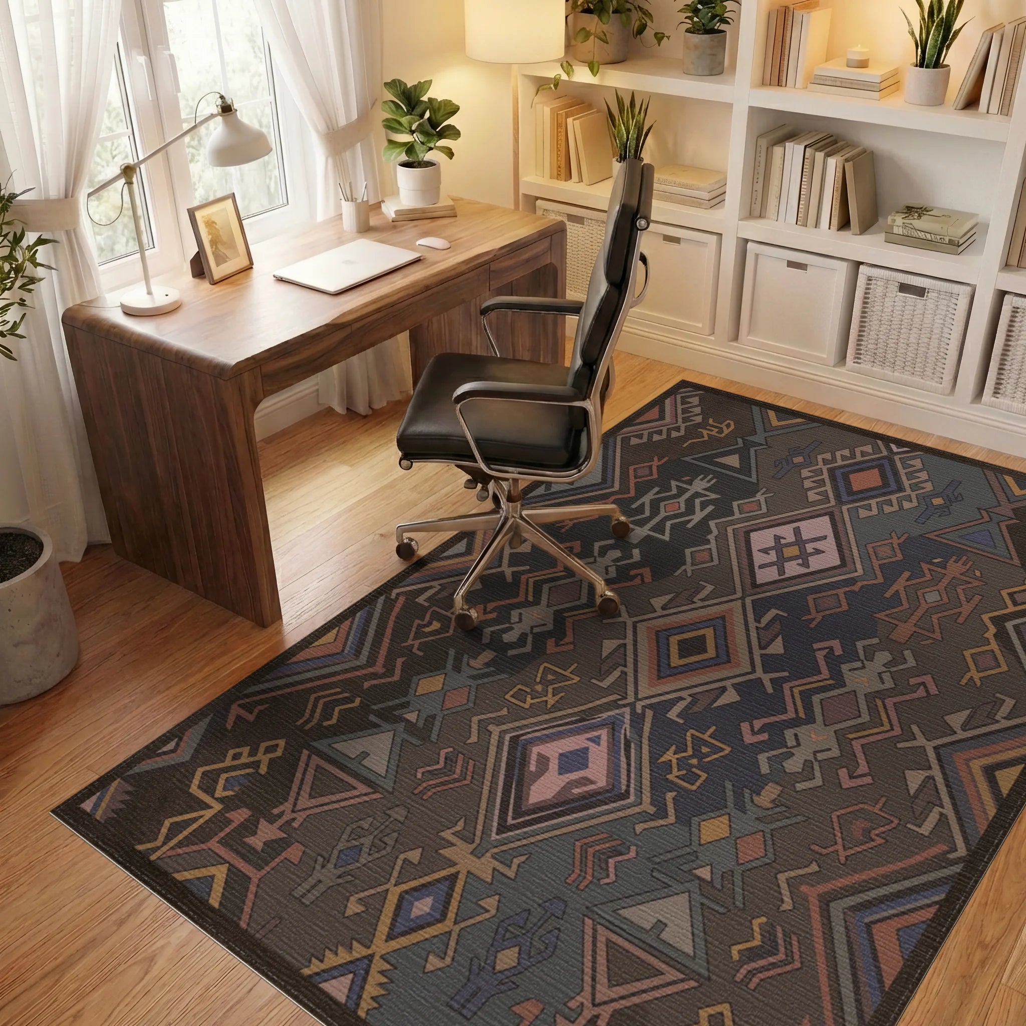 Earthy Geometric Tribal Diamond Rug Office View