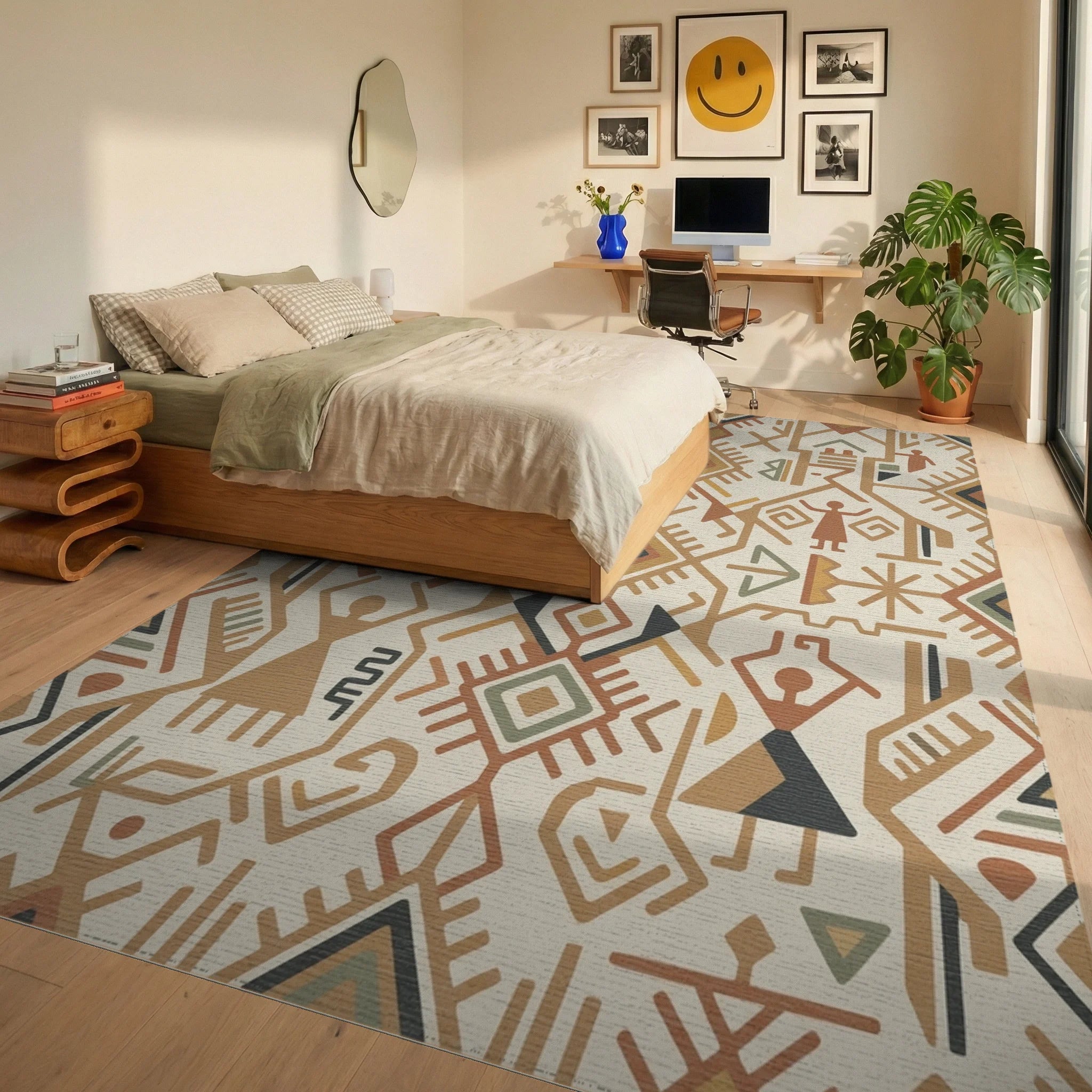 Earthy Geometric Tribal Figures Rug Bedroom View