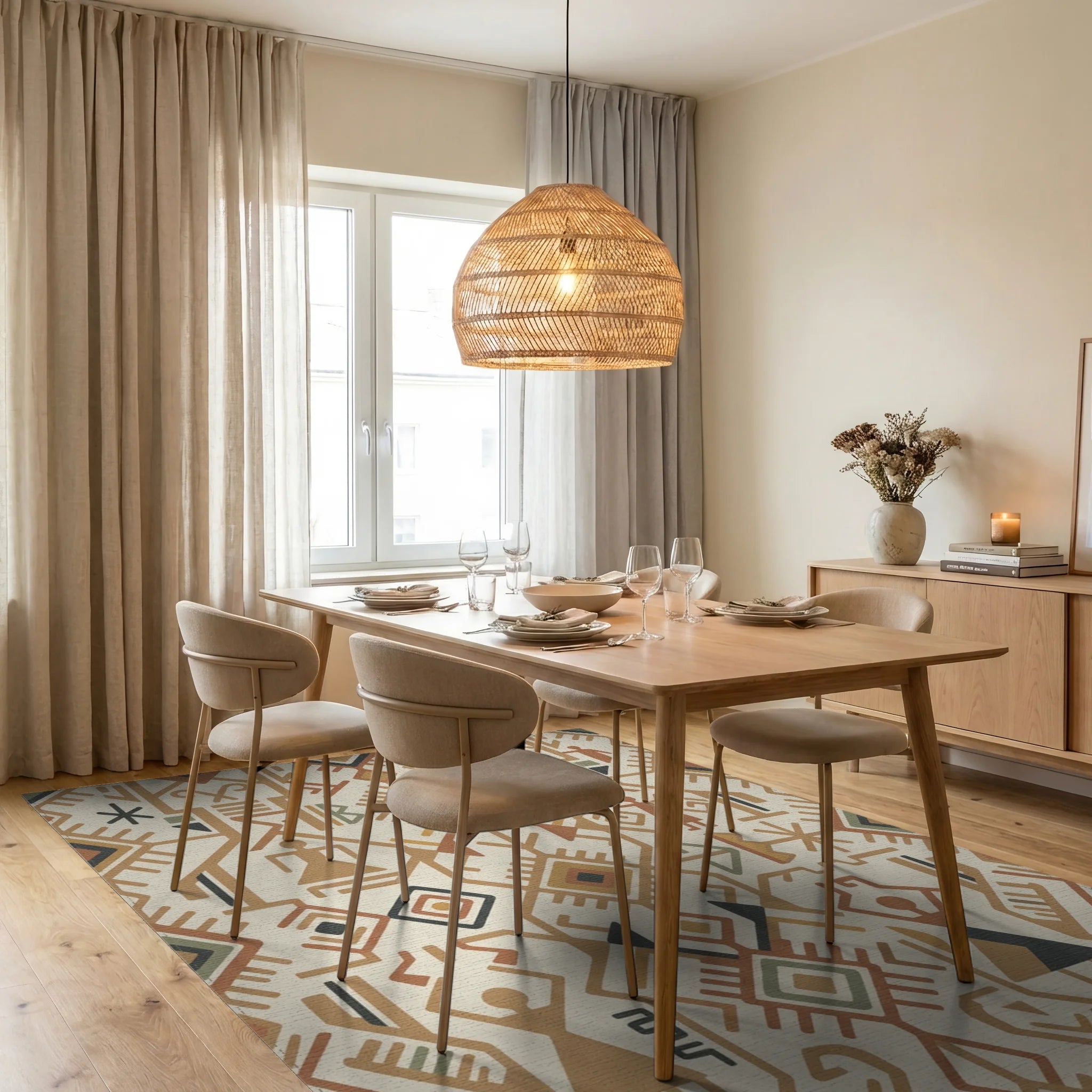 Earthy Geometric Tribal Figures Rug Dining Room View