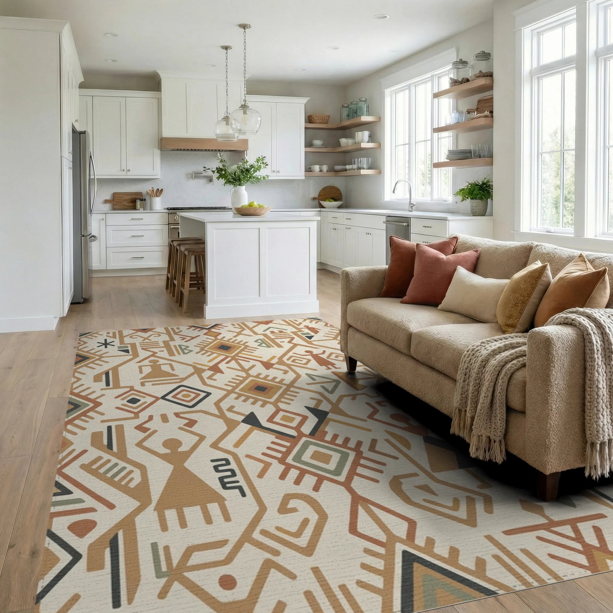Earthy Geometric Tribal Figures Rug Living Room View