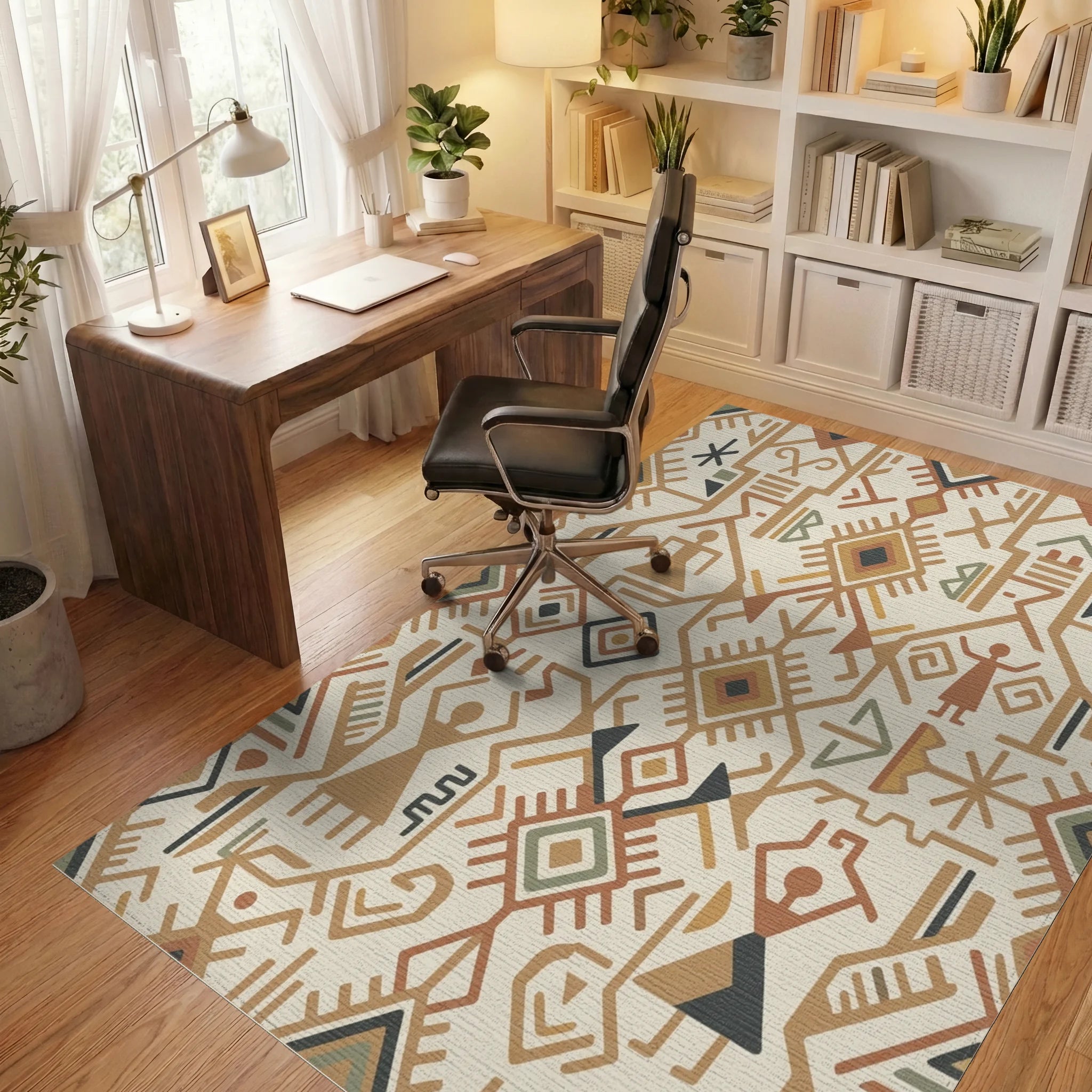 Earthy Geometric Tribal Figures Rug Office View