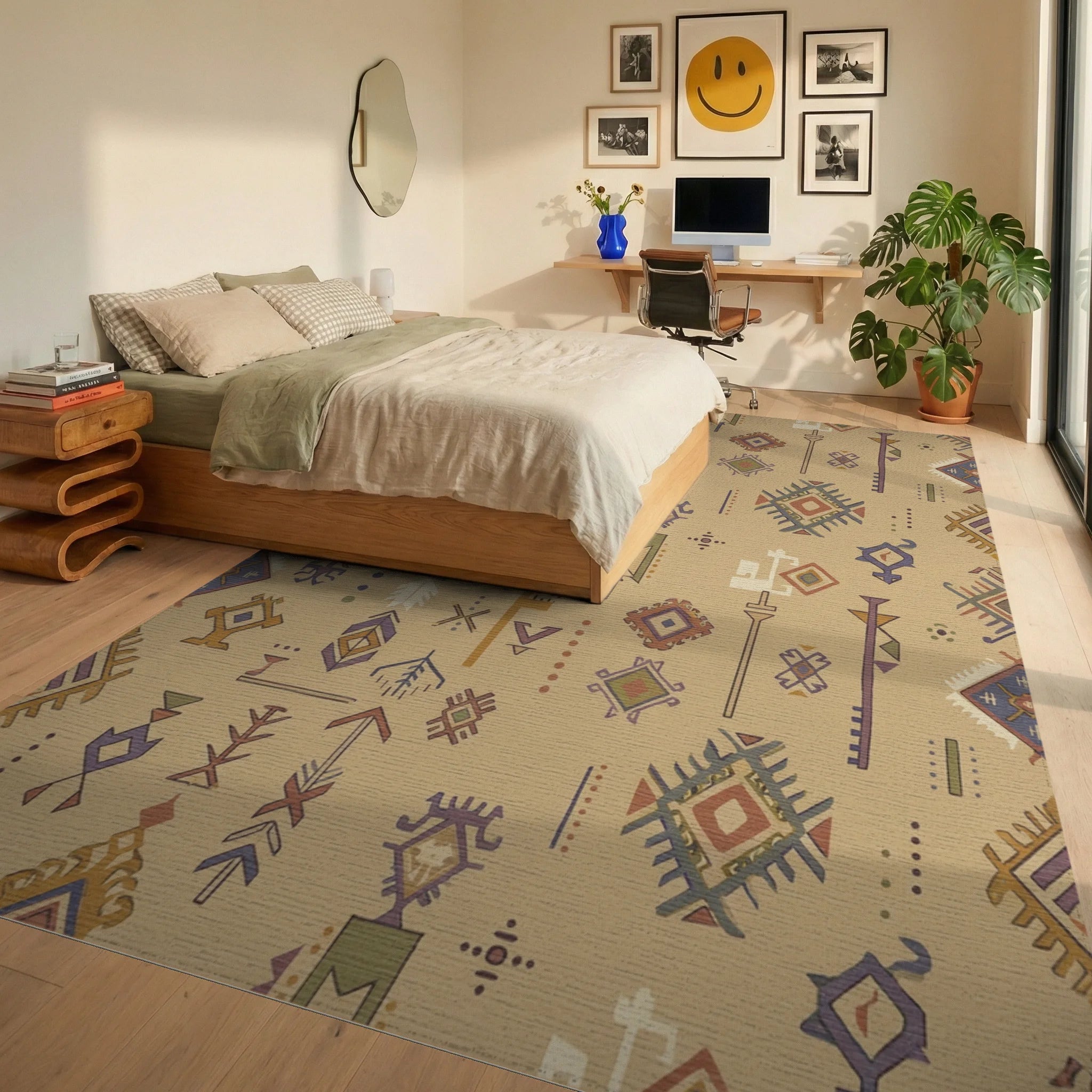 Earthy Geometric Tribal Symbol Rug Bedroom View