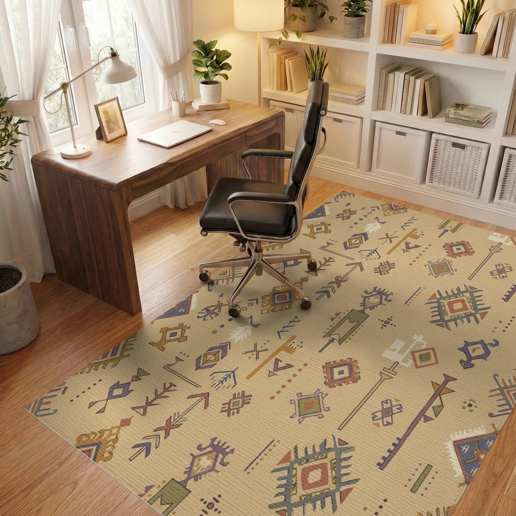 Earthy Geometric Tribal Symbol Rug Office View