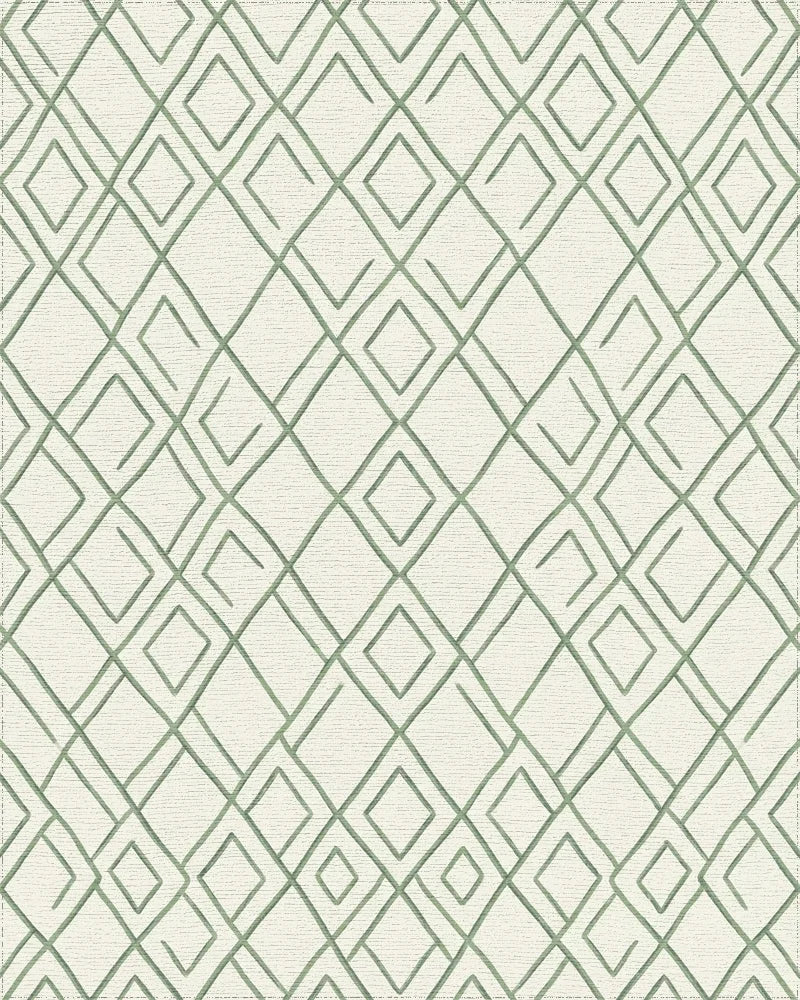 Earthy Green Hand Drawn Diamond Grid Rug - Cutout View