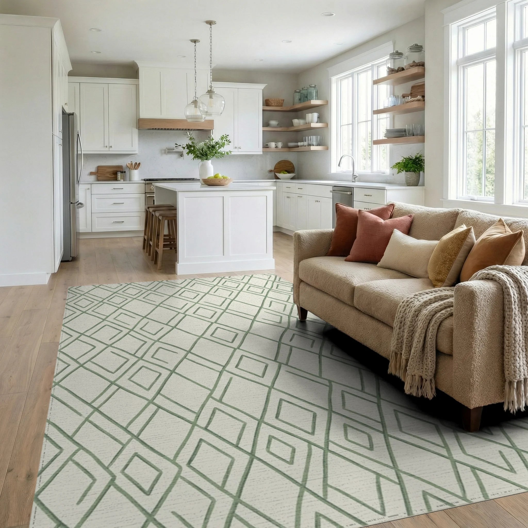 Earthy Green Hand Drawn Diamond Grid Rug Living Room View