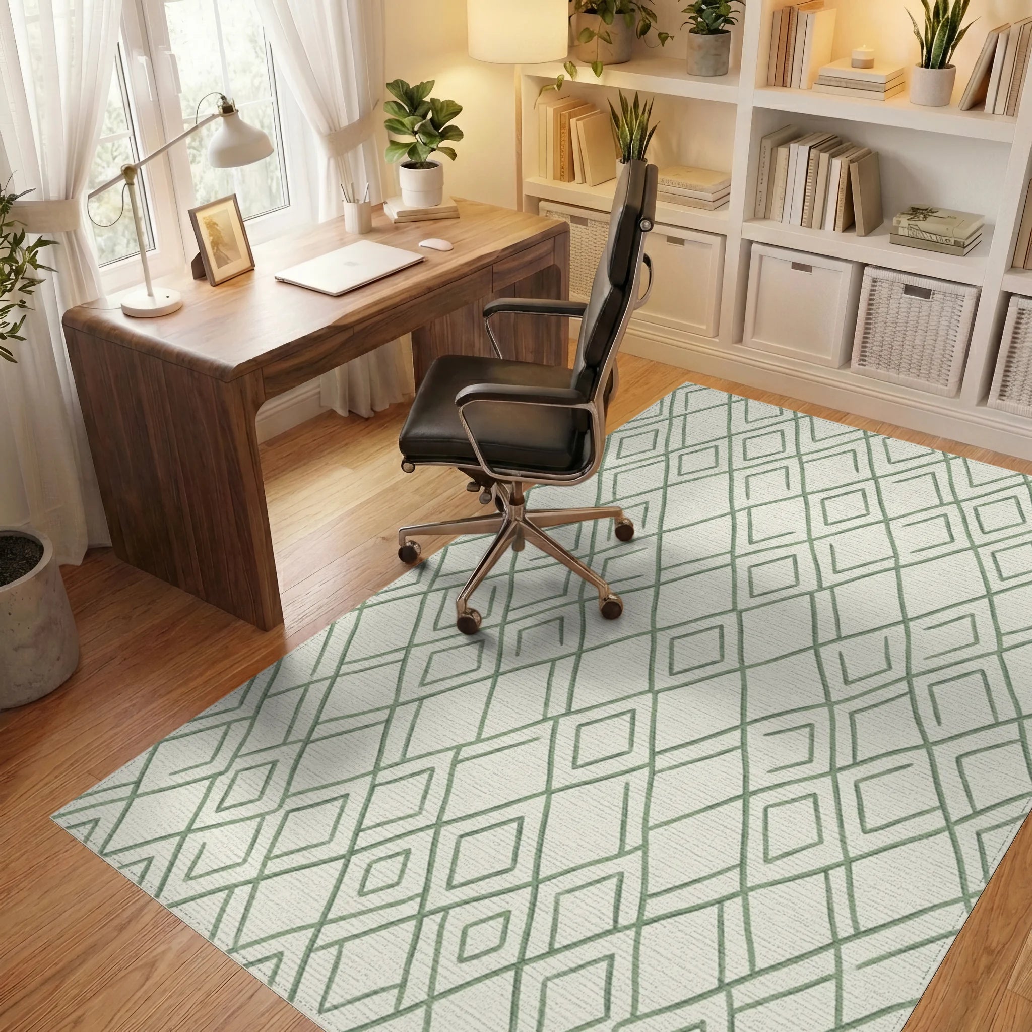 Earthy Green Hand Drawn Diamond Grid Rug Office View