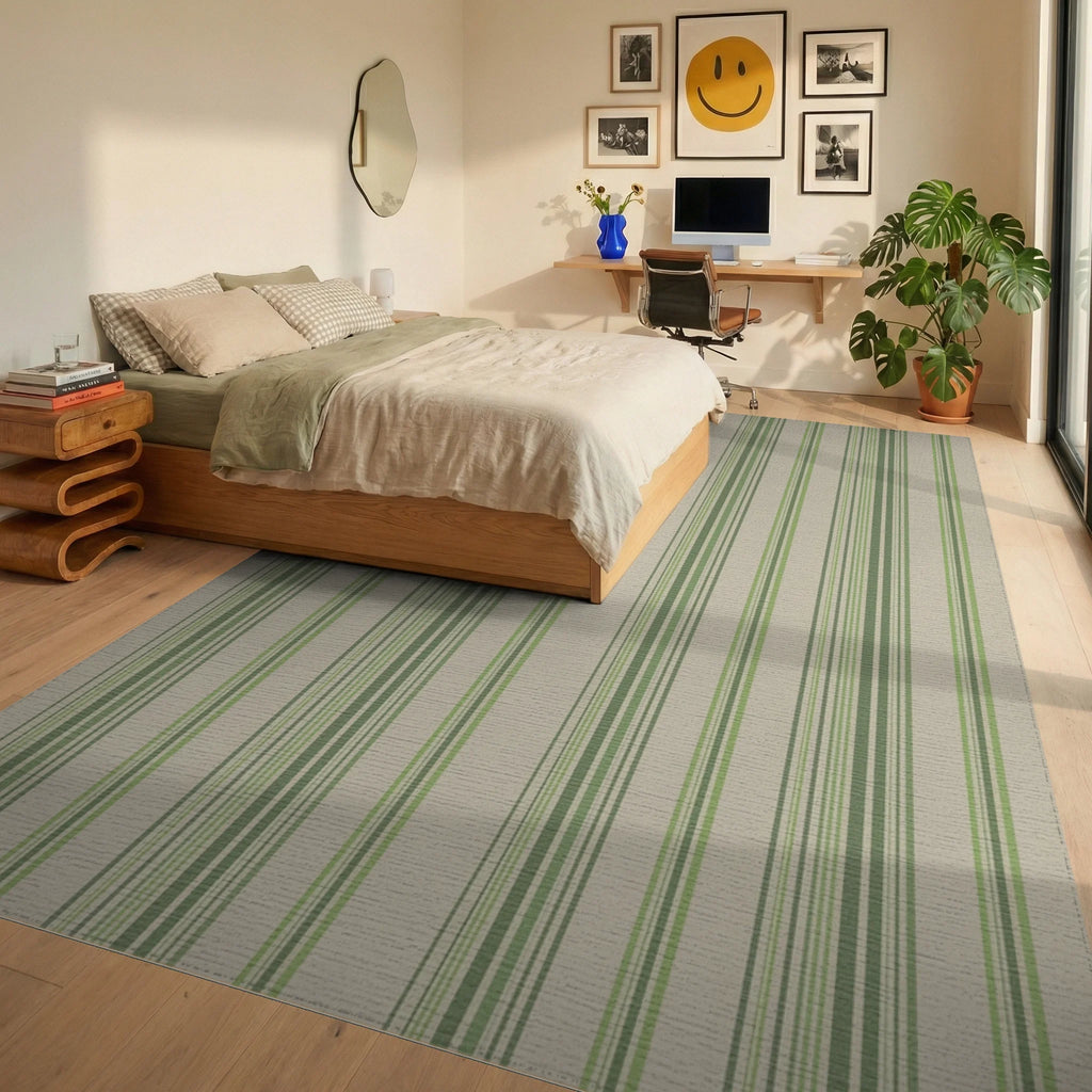 Earthy Green Vertical Stripe Rug Bedroom View