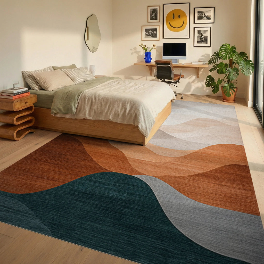 Earthy Horizon Wave Landscape Rug - Bedroom View