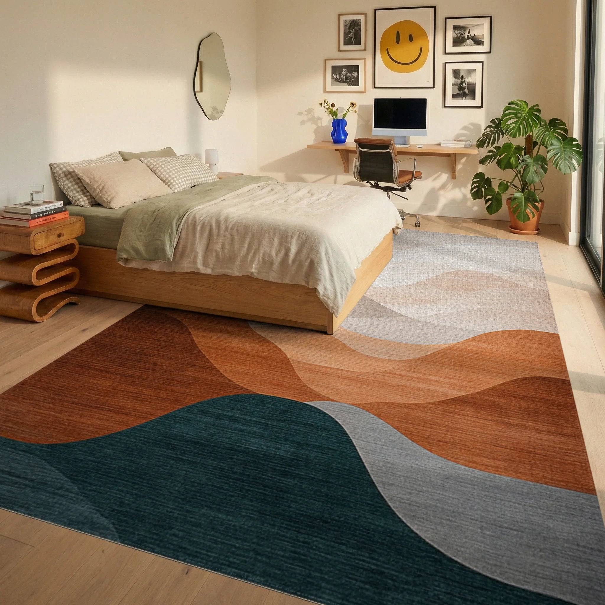 Earthy Horizon Wave Landscape Rug - Bedroom View