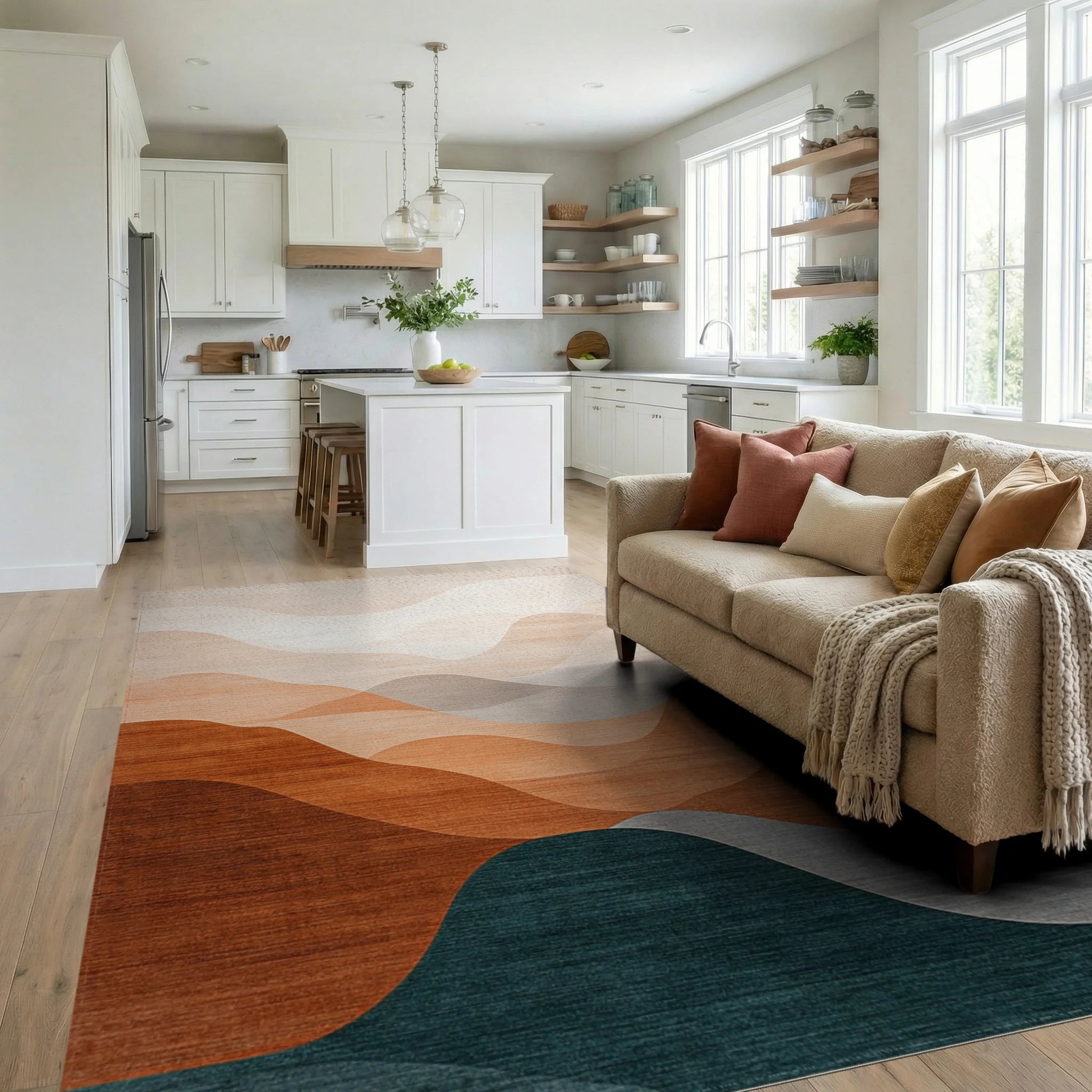 Earthy Horizon Wave Landscape Rug - Living Room View