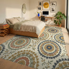 Earthy Jewel Tone Medallion Foliage Rug Bedroom View