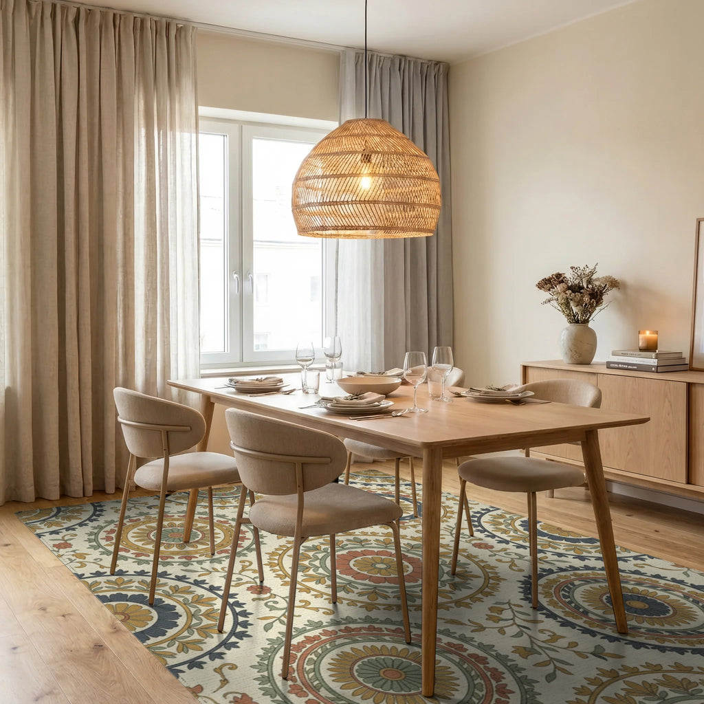 Earthy Jewel Tone Medallion Foliage Rug Dining Room View