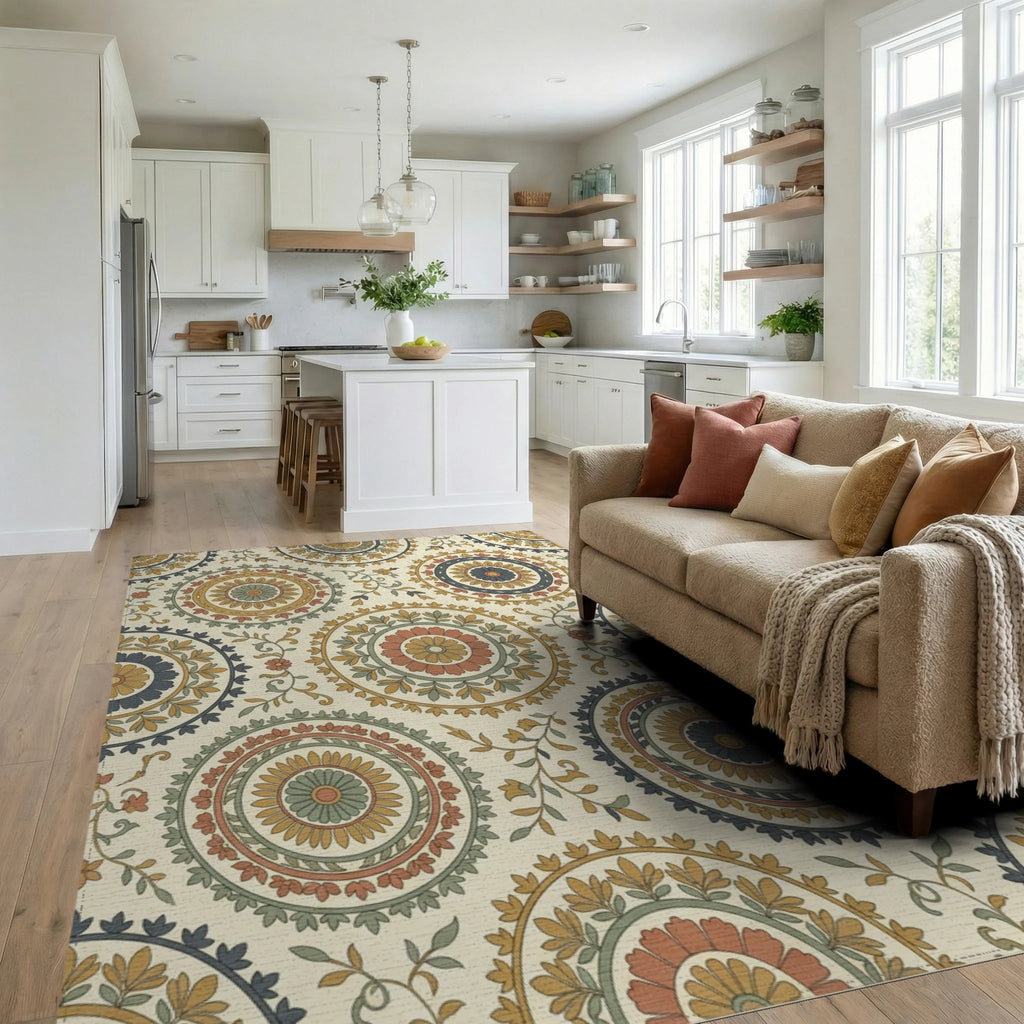 Earthy Jewel Tone Medallion Foliage Rug Living Room View