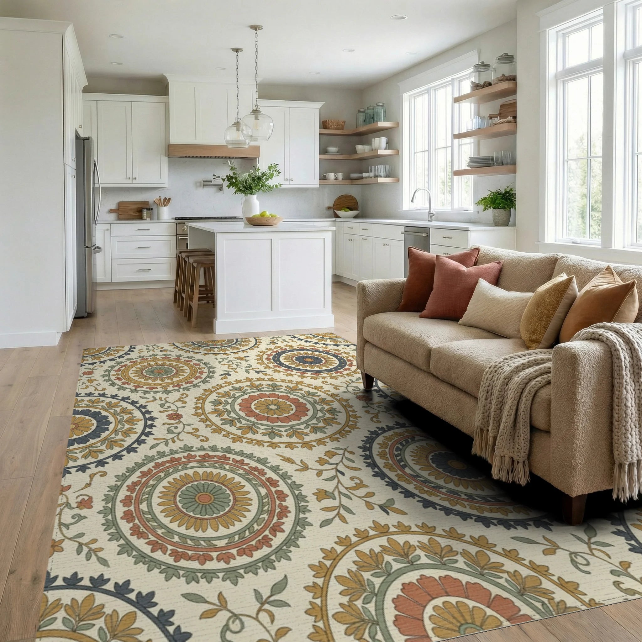 Earthy Jewel Tone Medallion Foliage Rug Living Room View