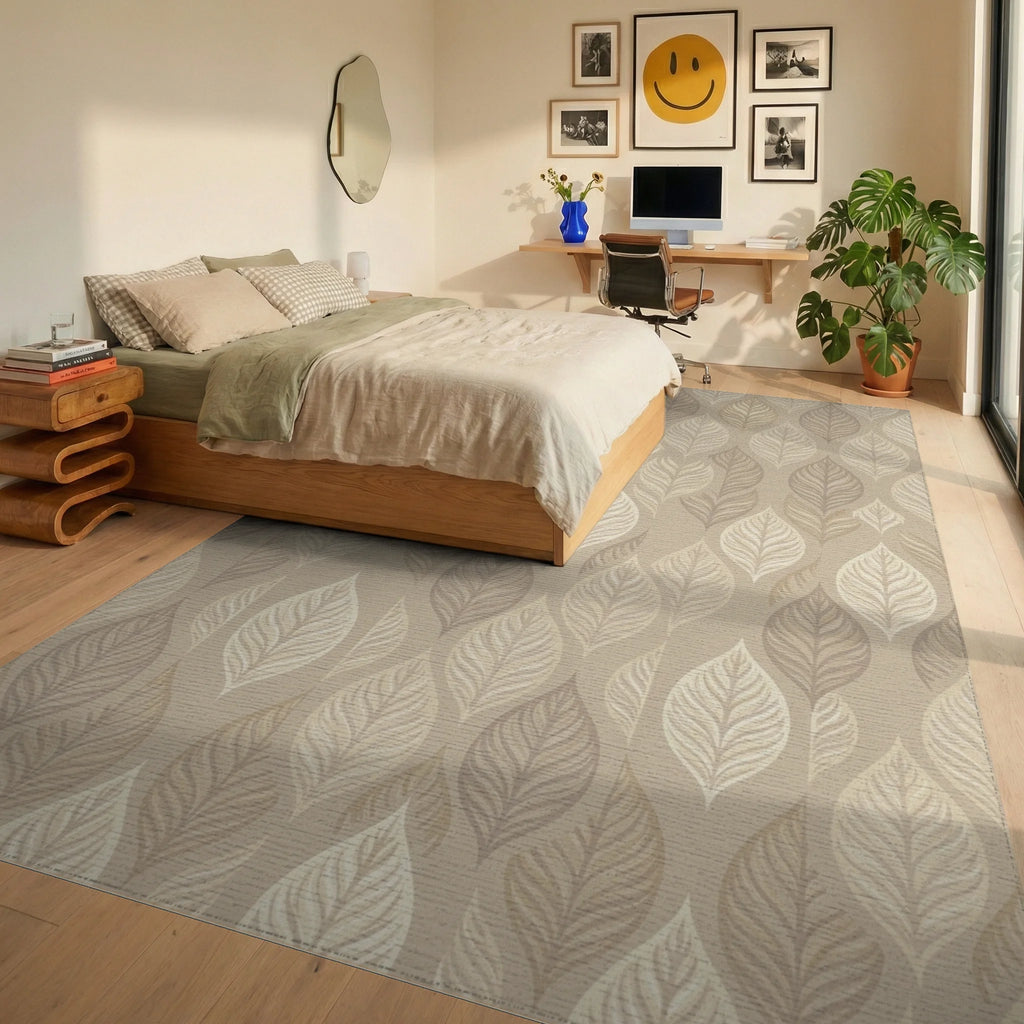 Earthy Leafy Tones Textured Rug Bedroom View