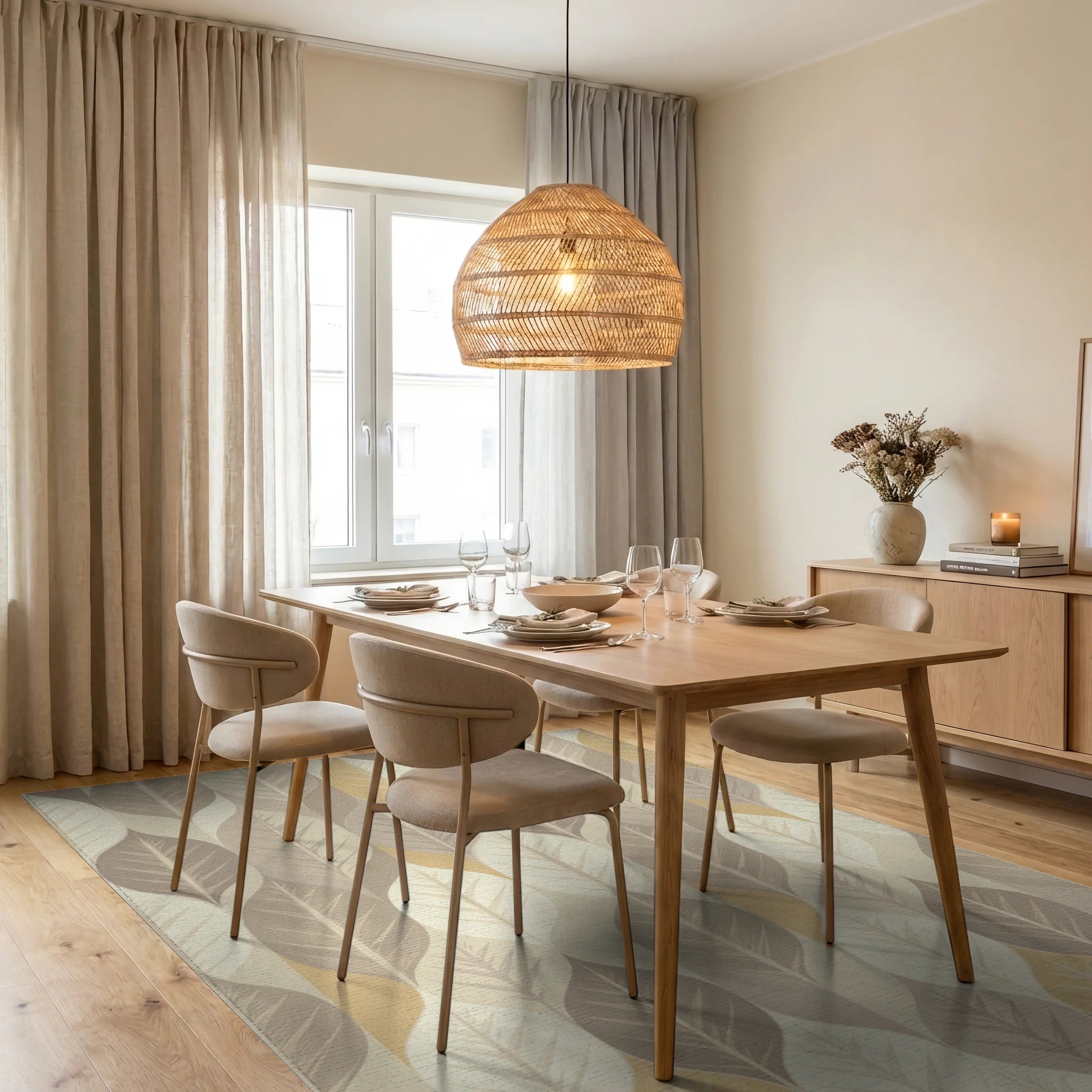 Earthy Leafy Tones Vertical Arrangement Rug Dining Room View