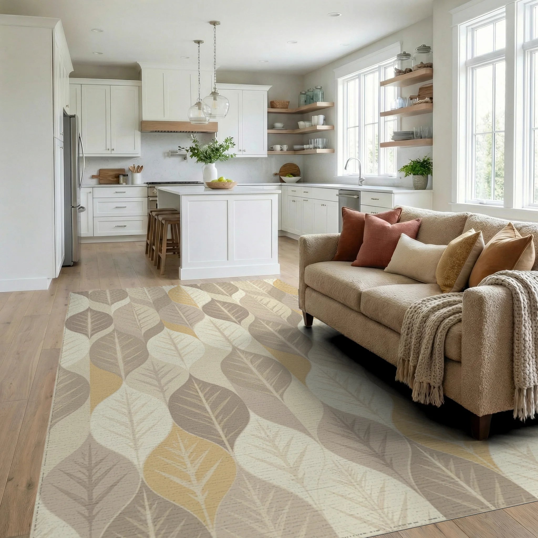 Earthy Leafy Tones Vertical Arrangement Rug Living Room View