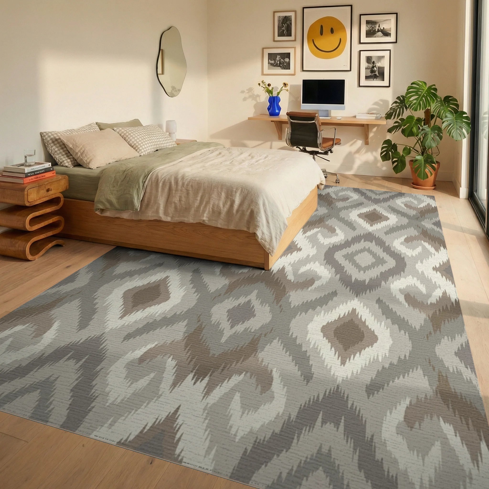 Earthy Neutral Diamond Medallion Rug Bedroom View