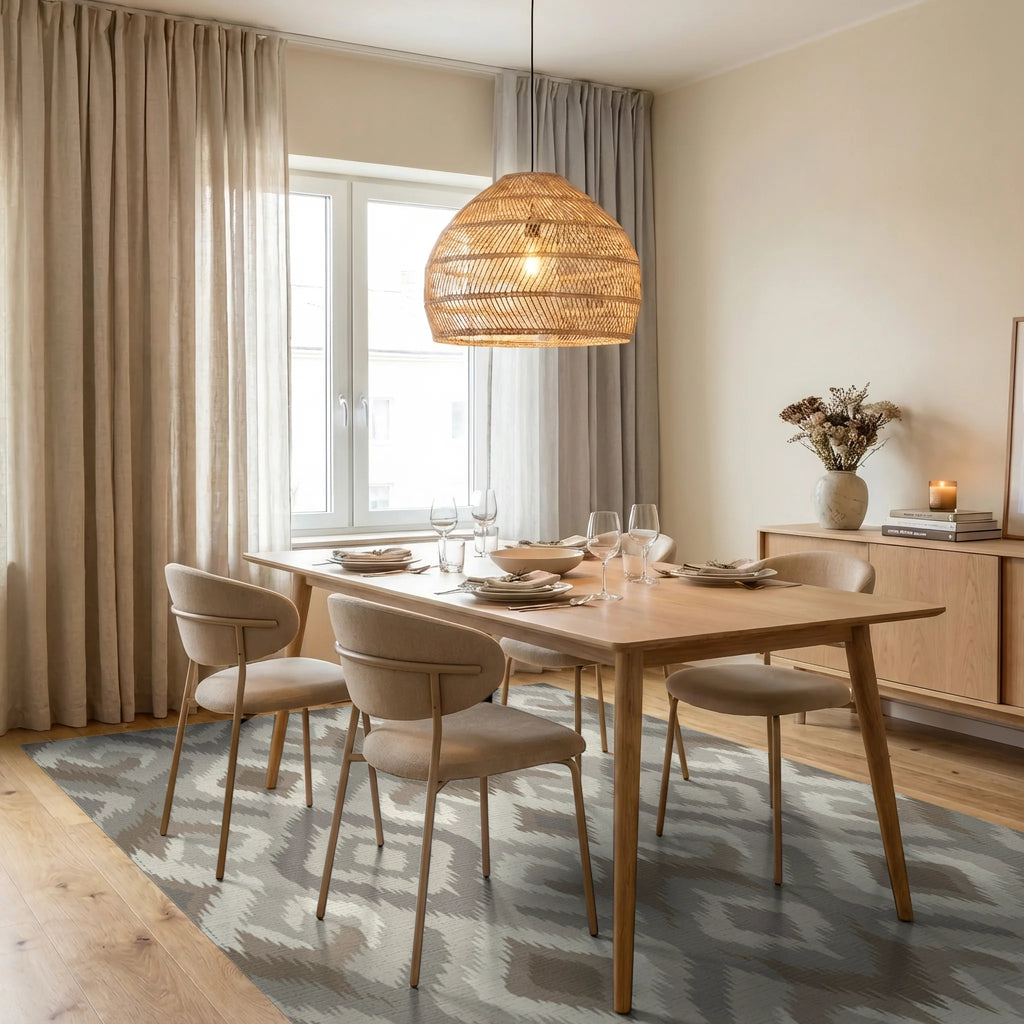 Earthy Neutral Diamond Medallion Rug Dining Room View