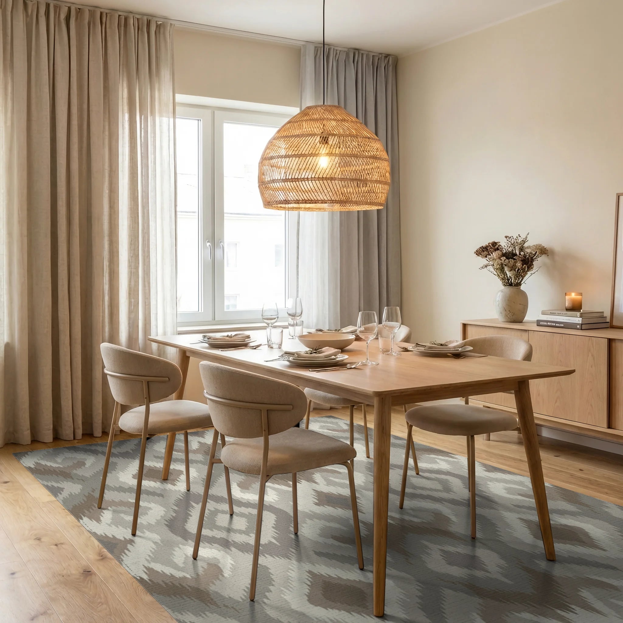 Earthy Neutral Diamond Medallion Rug Dining Room View