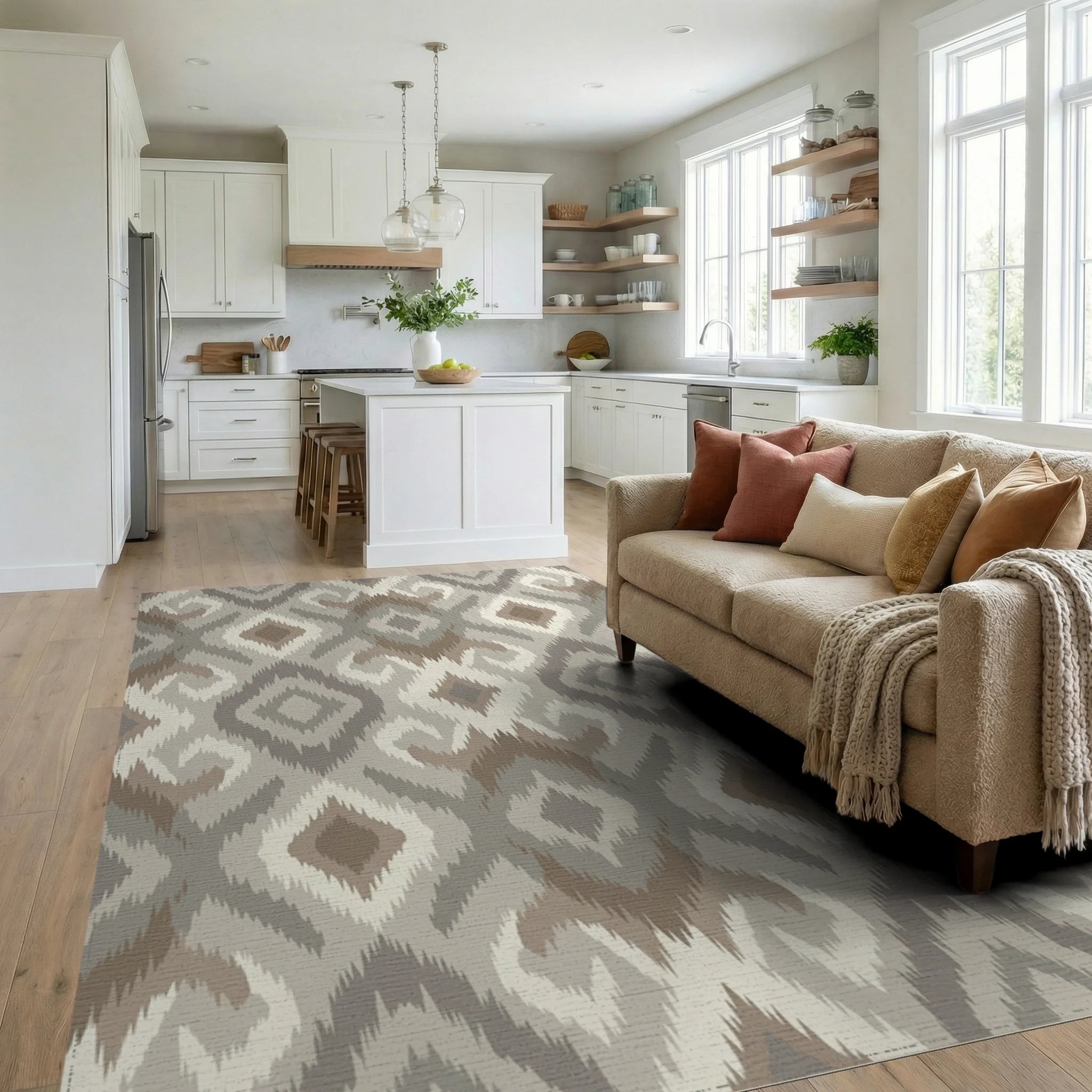 Earthy Neutral Diamond Medallion Rug Living Room View
