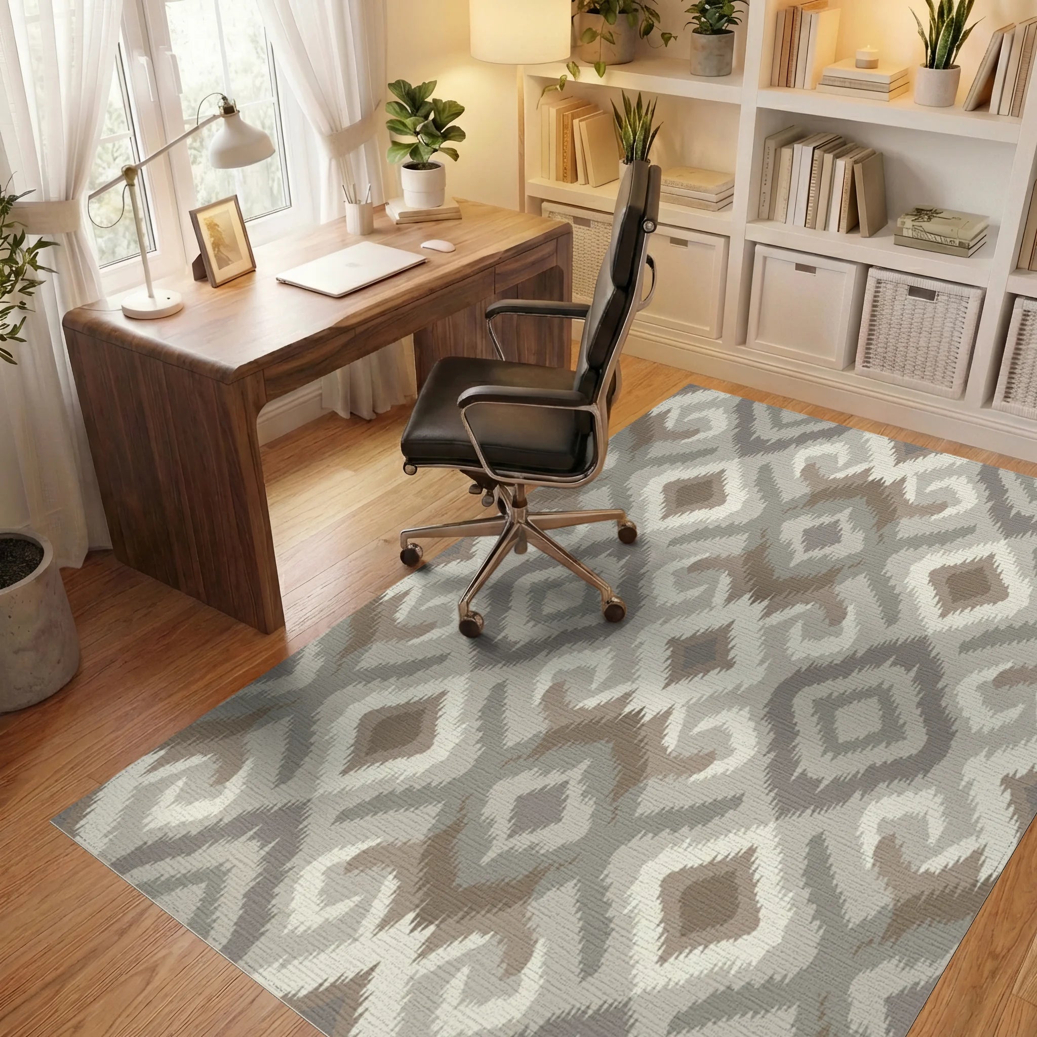 Earthy Neutral Diamond Medallion Rug Office View