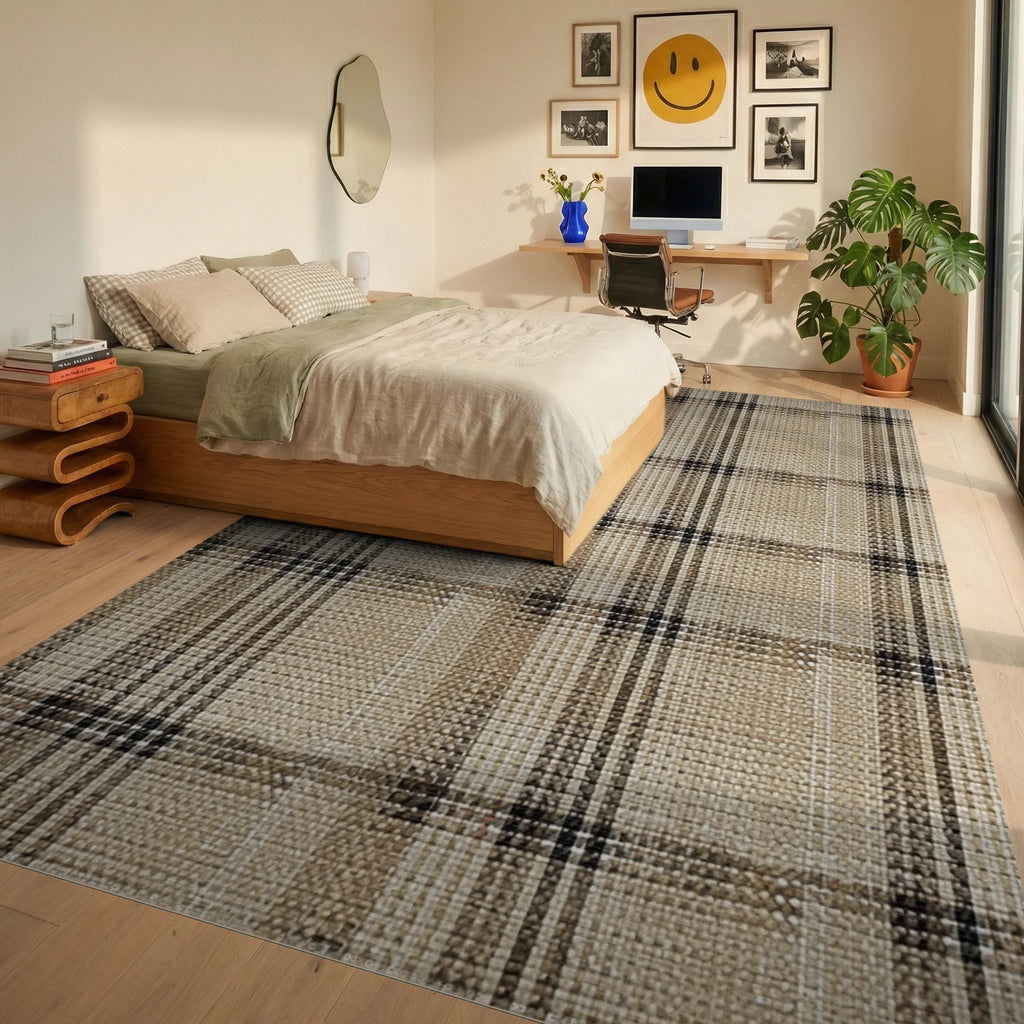 Earthy Neutral Plaid Weaver Rug - Bedroom View