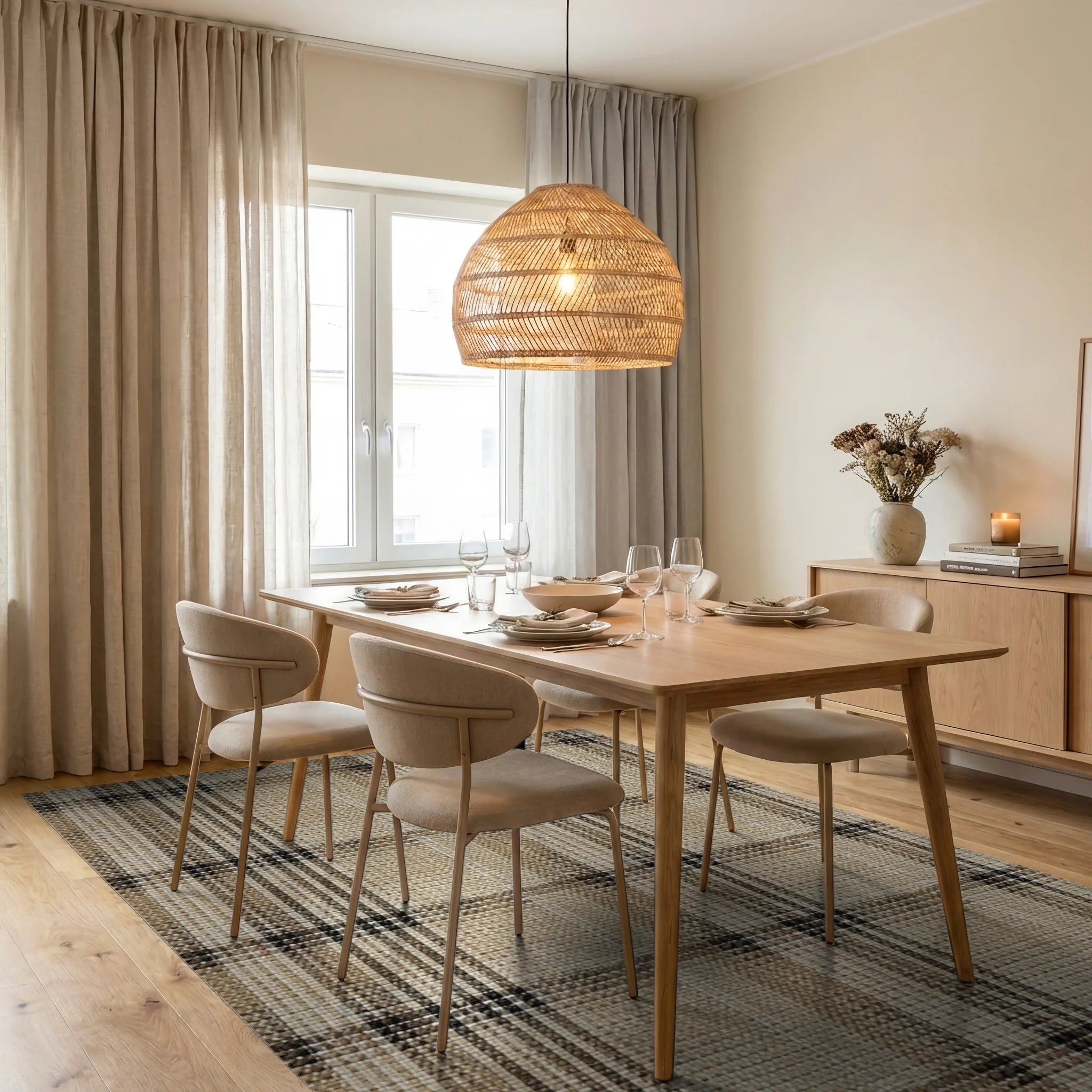Earthy Neutral Plaid Weaver Rug - Dining Room View