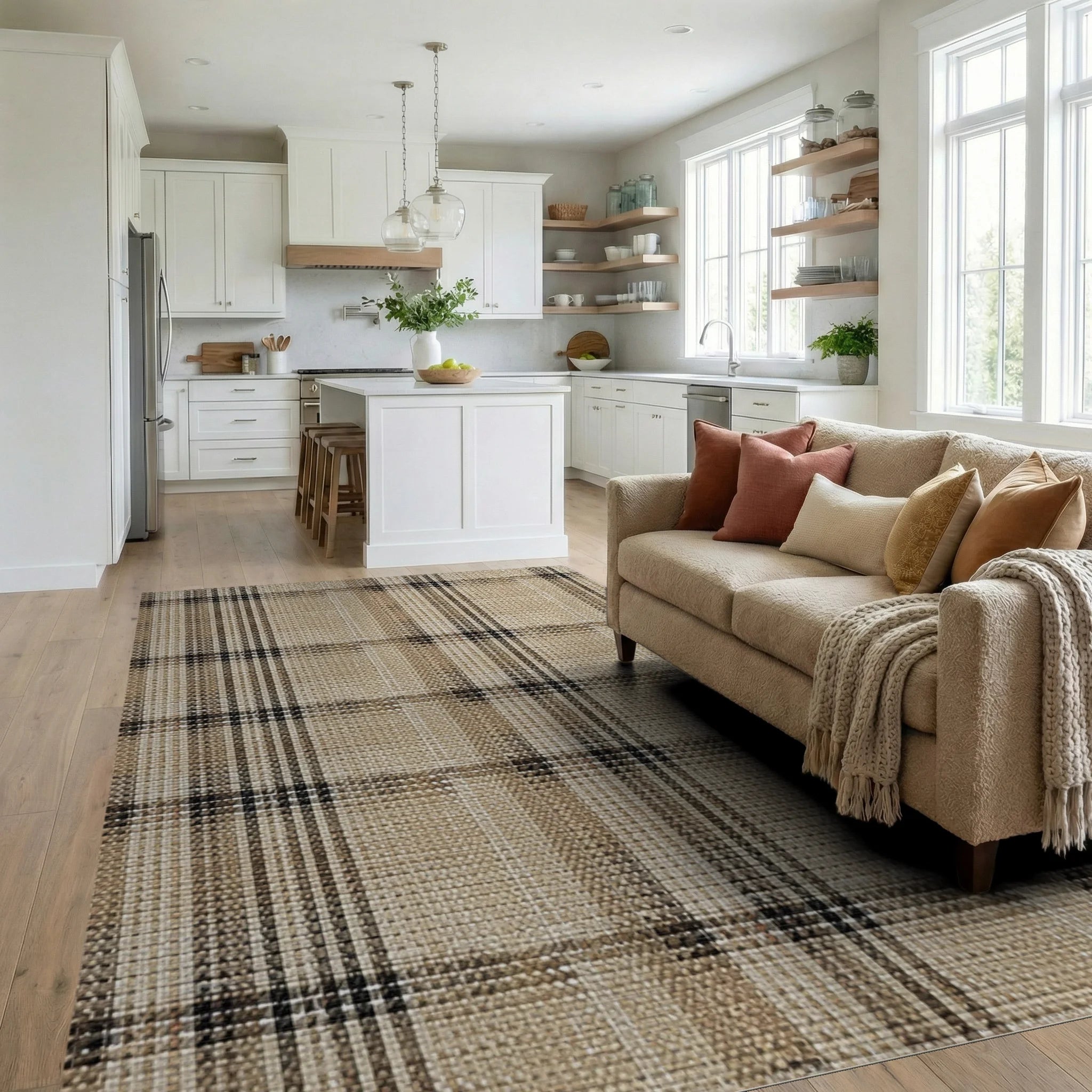 Earthy Neutral Plaid Weaver Rug - Living Room View