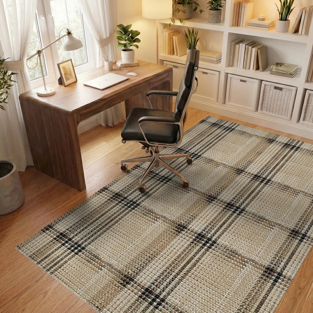 Earthy Neutral Plaid Weaver Rug - Office View