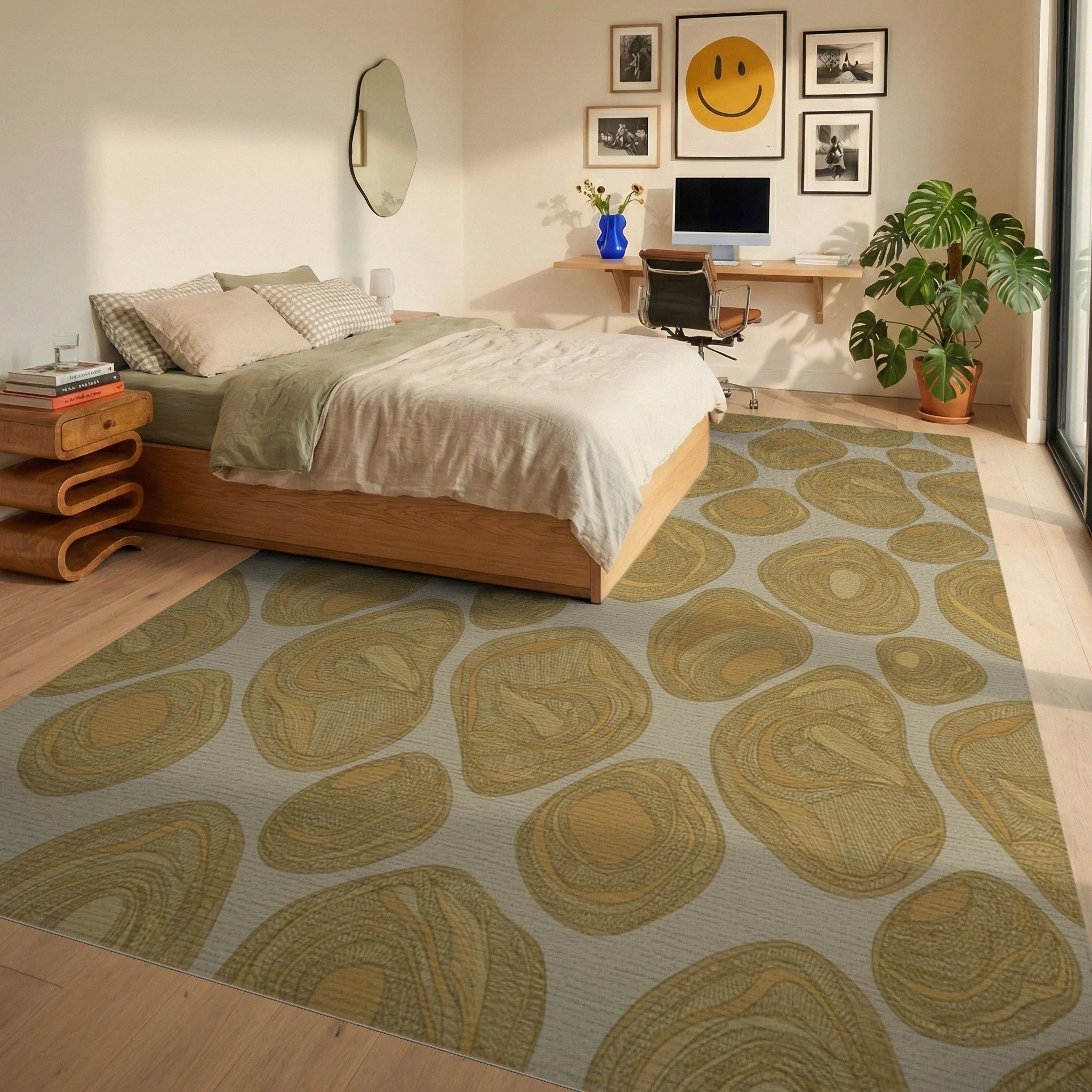 Earthy Ochre Organic Pebble Cluster Rug Bedroom View