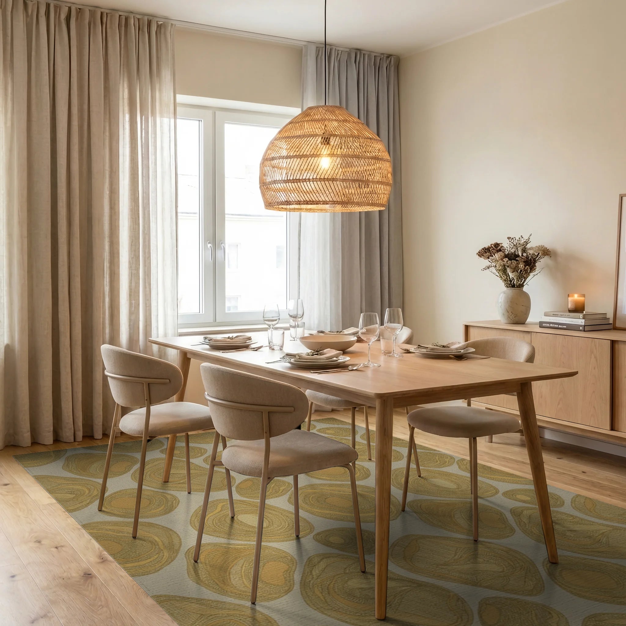Earthy Ochre Organic Pebble Cluster Rug Dining Room View