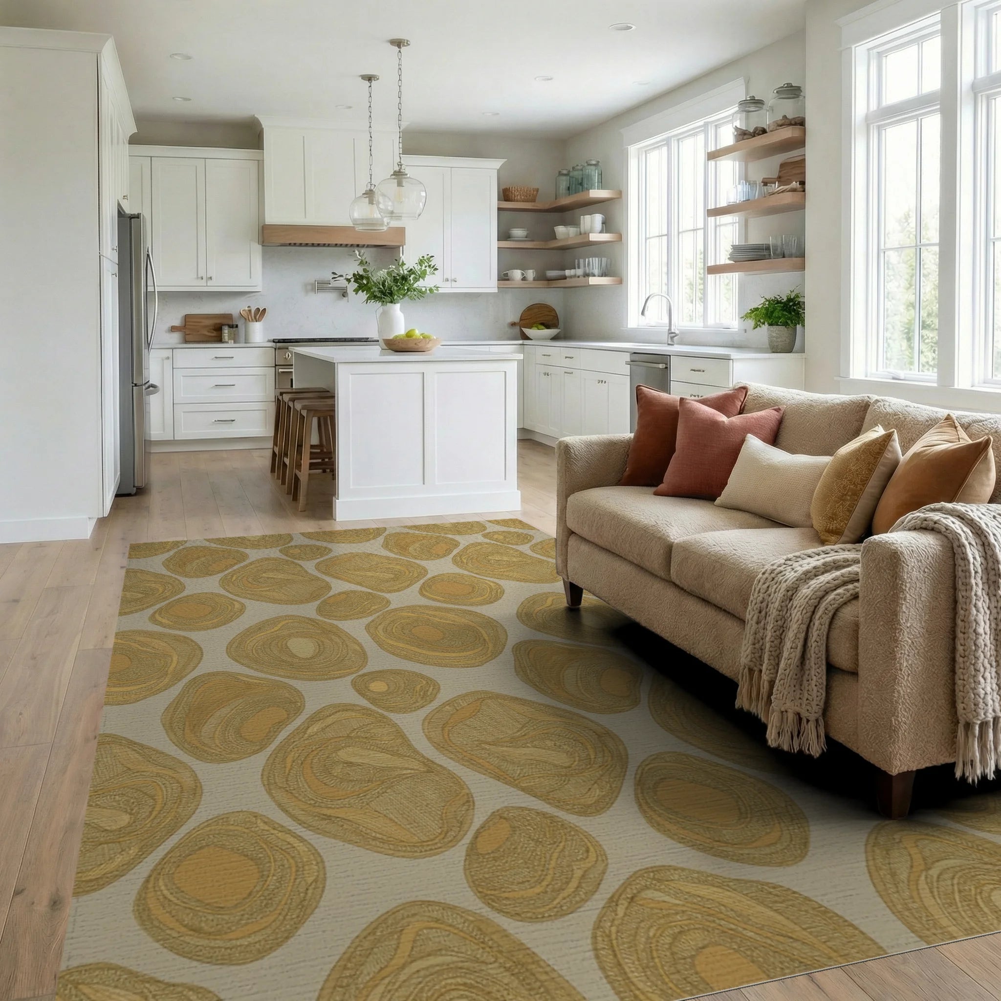 Earthy Ochre Organic Pebble Cluster Rug Living Room View