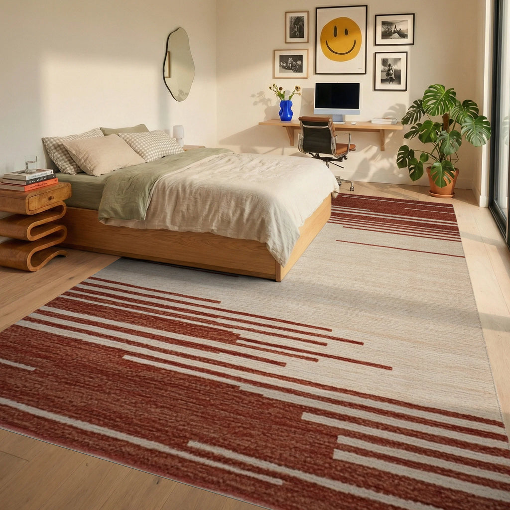 Earthy Red Stripe Abstract Rug - Bedroom View