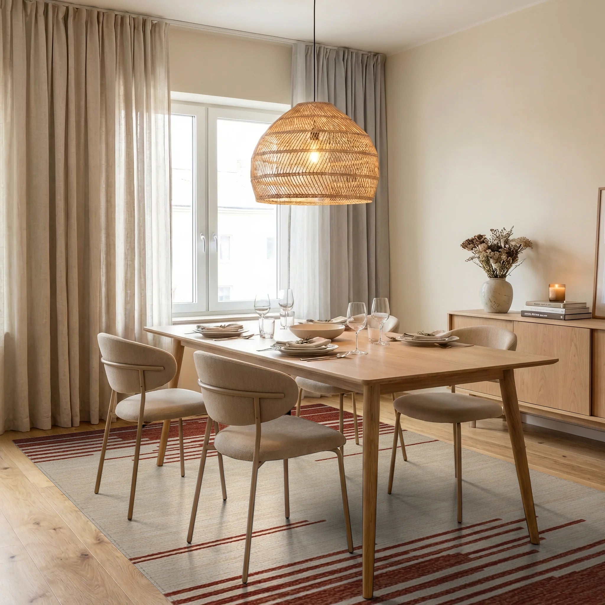 Earthy Red Stripe Abstract Rug - Dining Room View