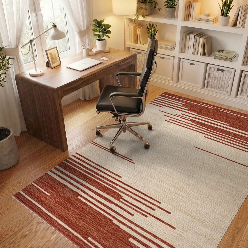 Earthy Red Stripe Abstract Rug - Office View
