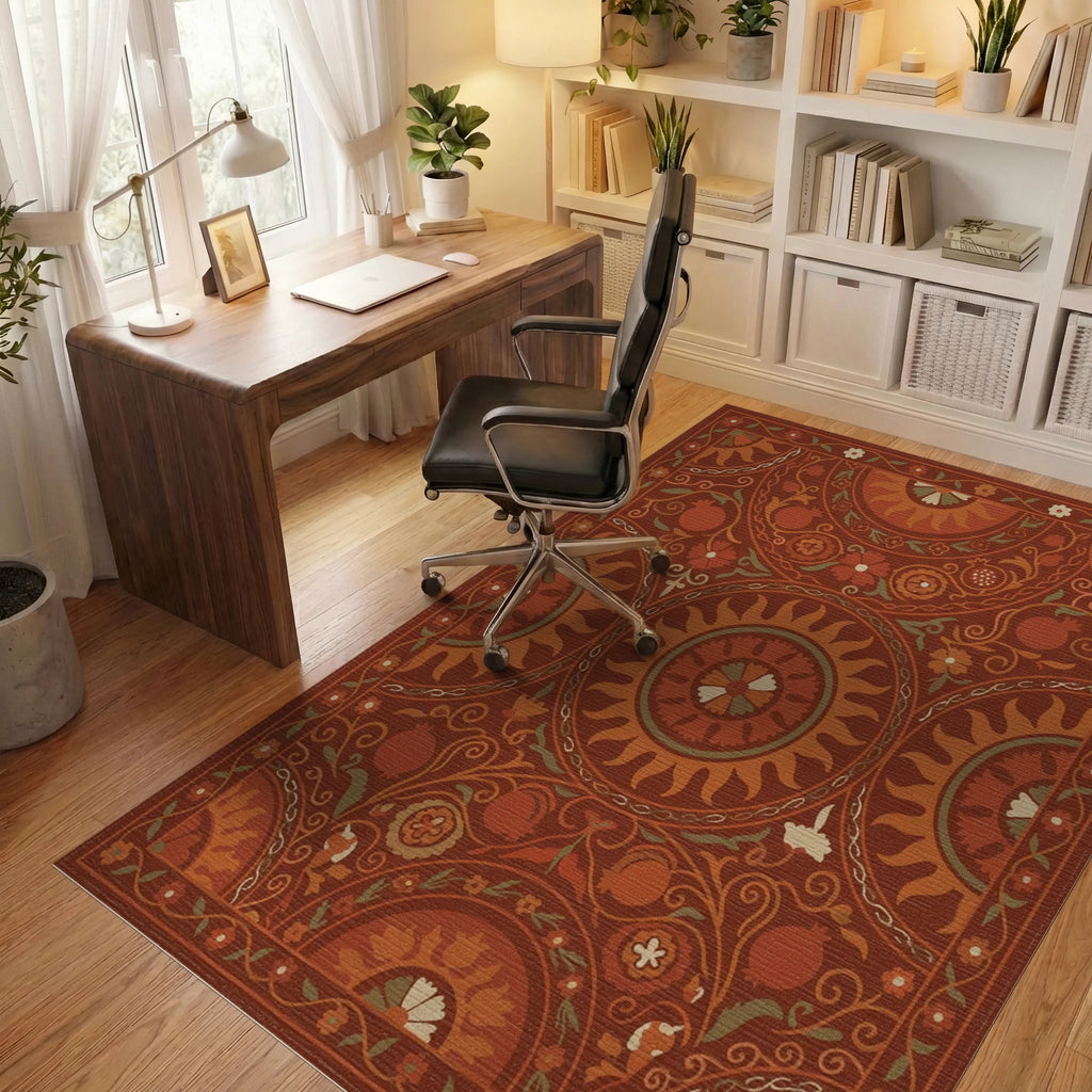 Earthy Red Sun Pomegranate Blooms Rug Office View