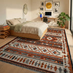 Earthy Rust Geometric Tribal Stripes Rug - Bedroom View