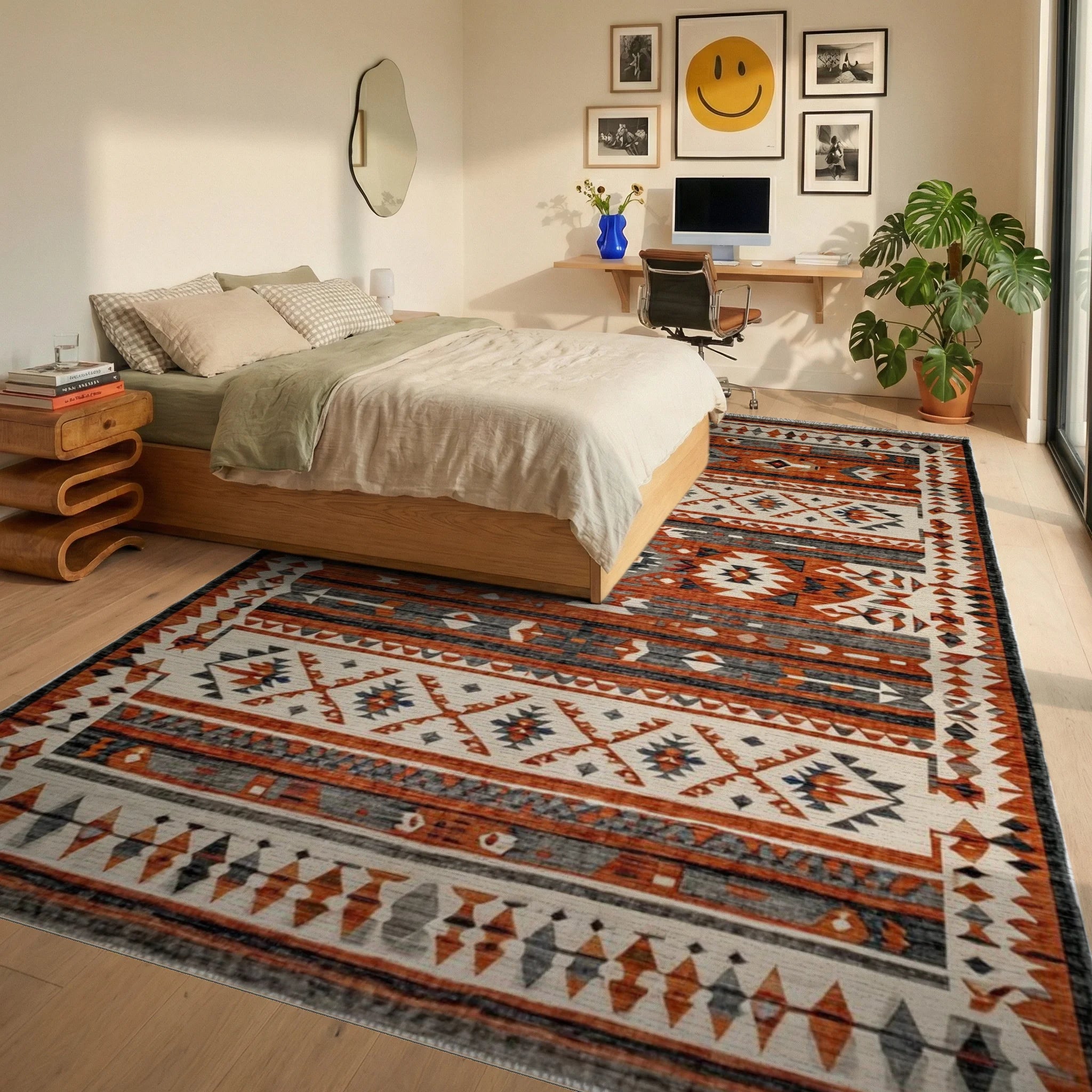 Earthy Rust Geometric Tribal Stripes Rug - Bedroom View