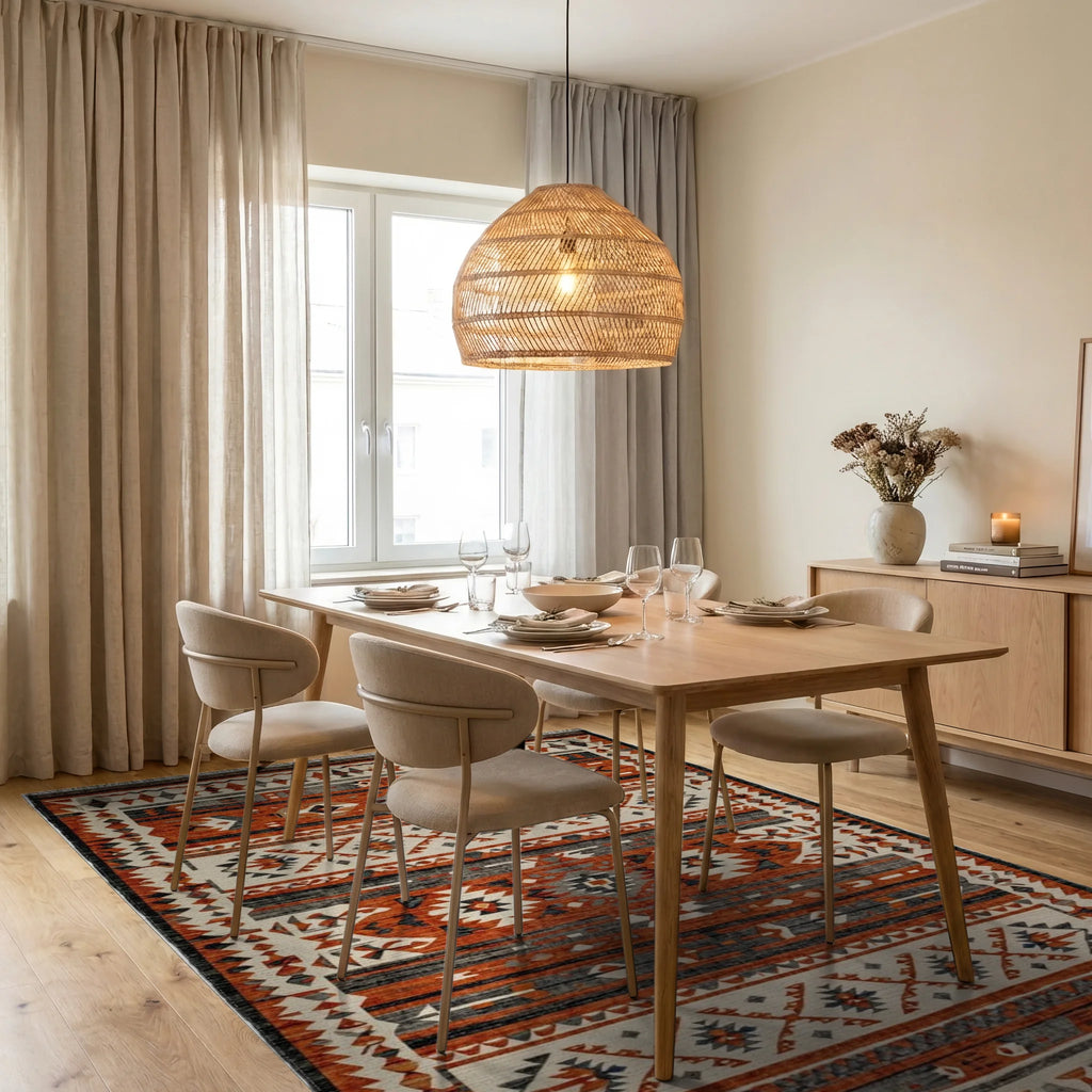Earthy Rust Geometric Tribal Stripes Rug - Dining Room View