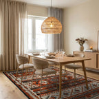 Earthy Rust Geometric Tribal Stripes Rug - Dining Room View