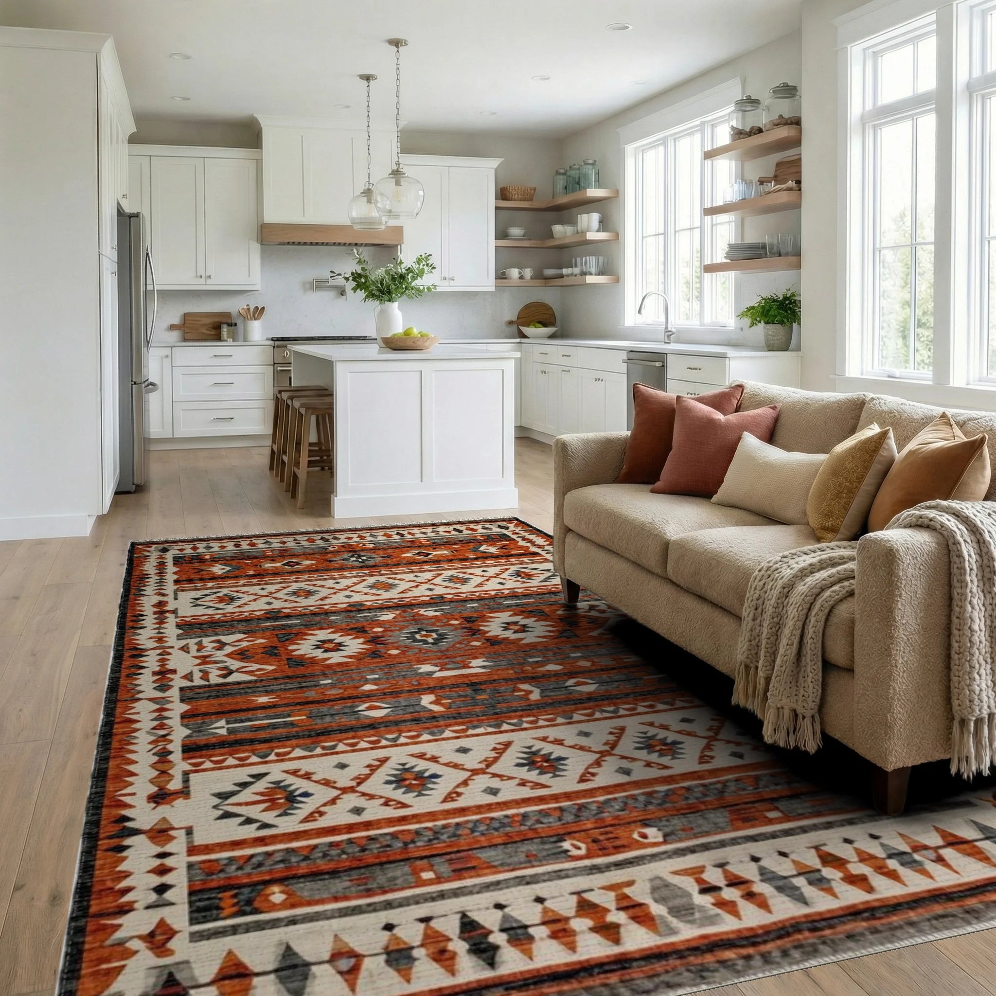 Earthy Rust Geometric Tribal Stripes Rug - Living Room View
