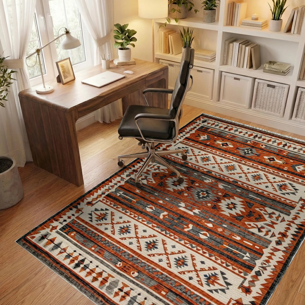 Earthy Rust Geometric Tribal Stripes Rug - Office View