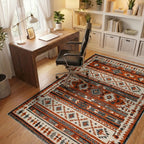 Earthy Rust Geometric Tribal Stripes Rug - Office View