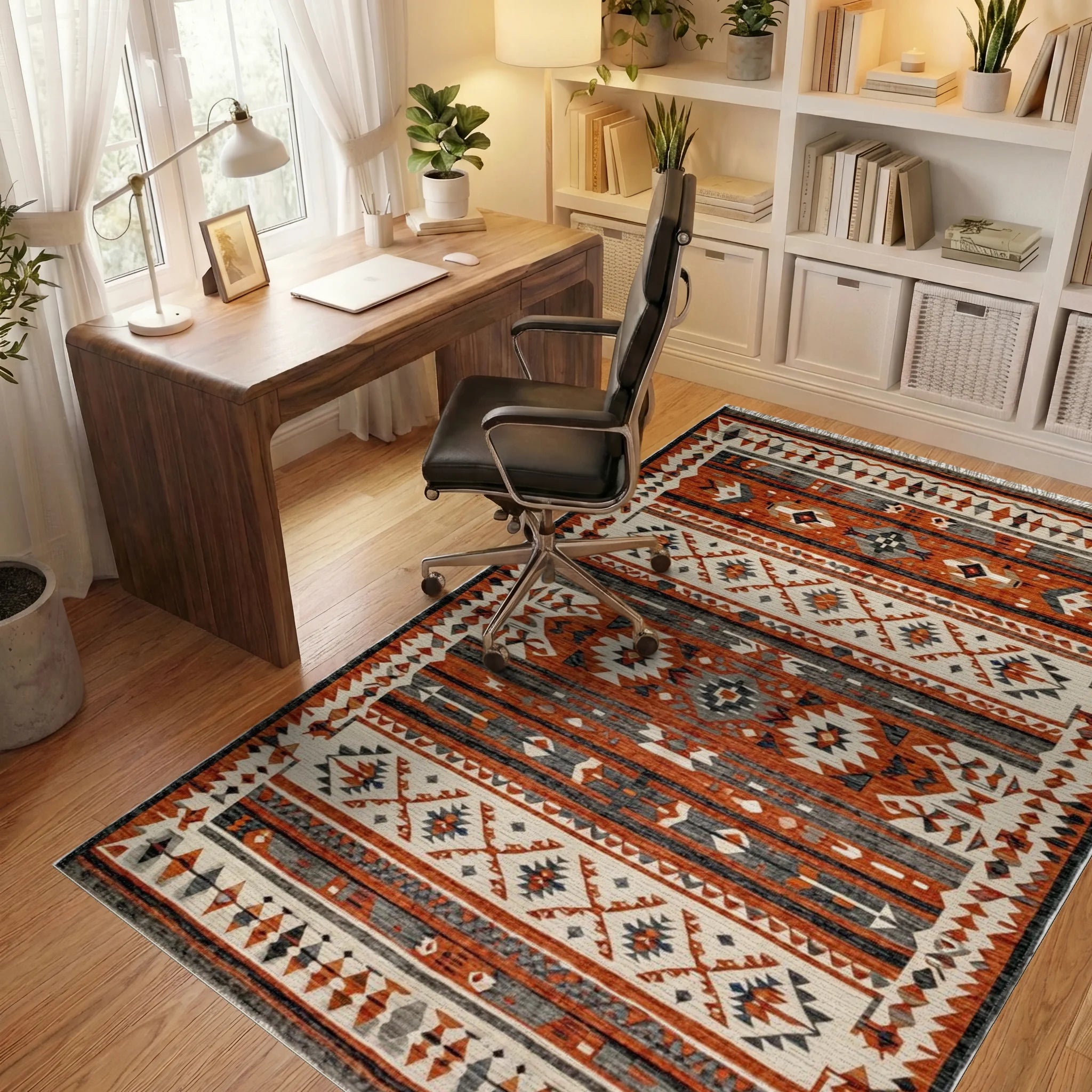 Earthy Rust Geometric Tribal Stripes Rug - Office View