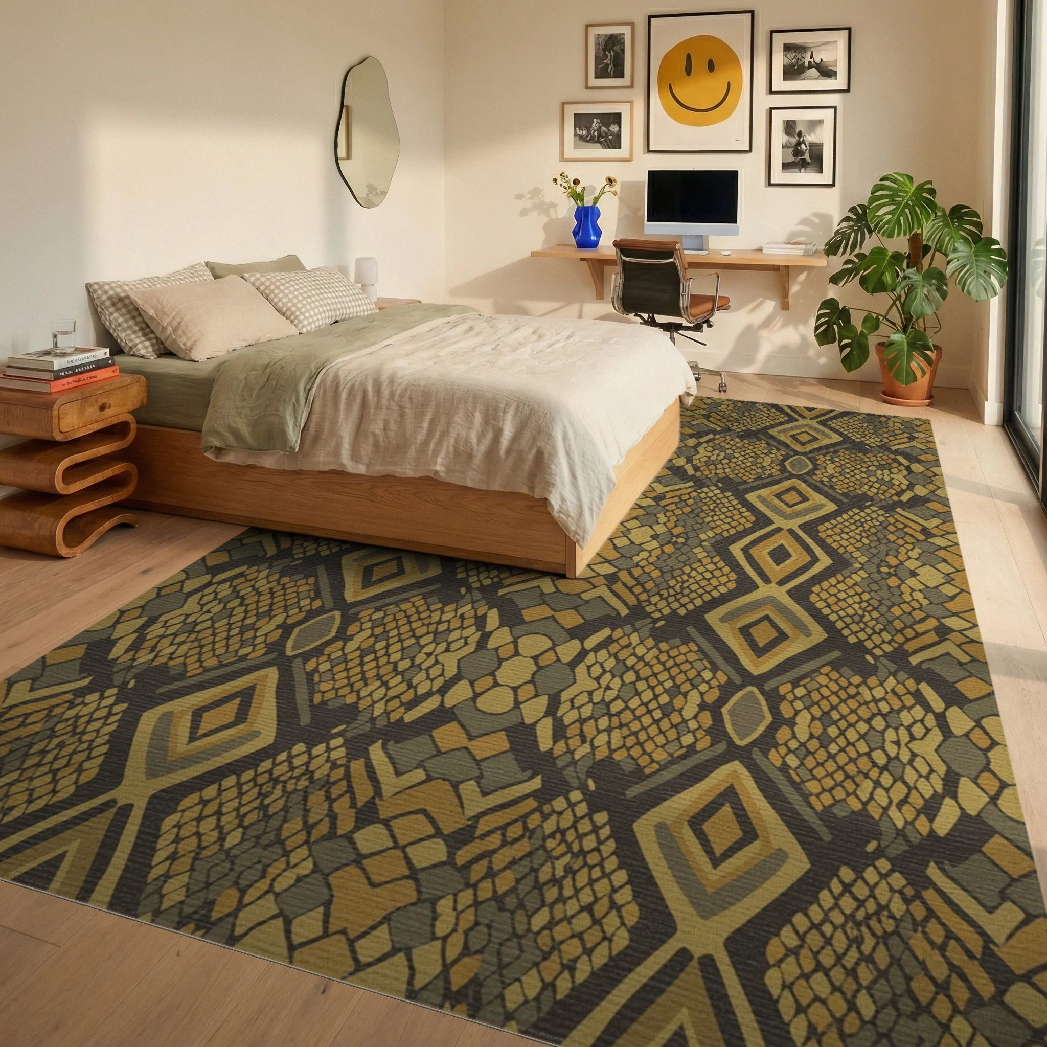 Earthy Serpent Scale Diamond Medallion Rug Bedroom View