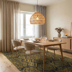 Earthy Serpent Scale Diamond Medallion Rug Dining Room View