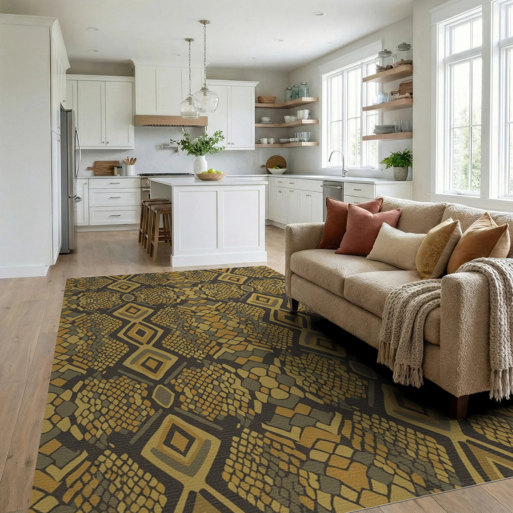 Earthy Serpent Scale Diamond Medallion Rug Living Room View