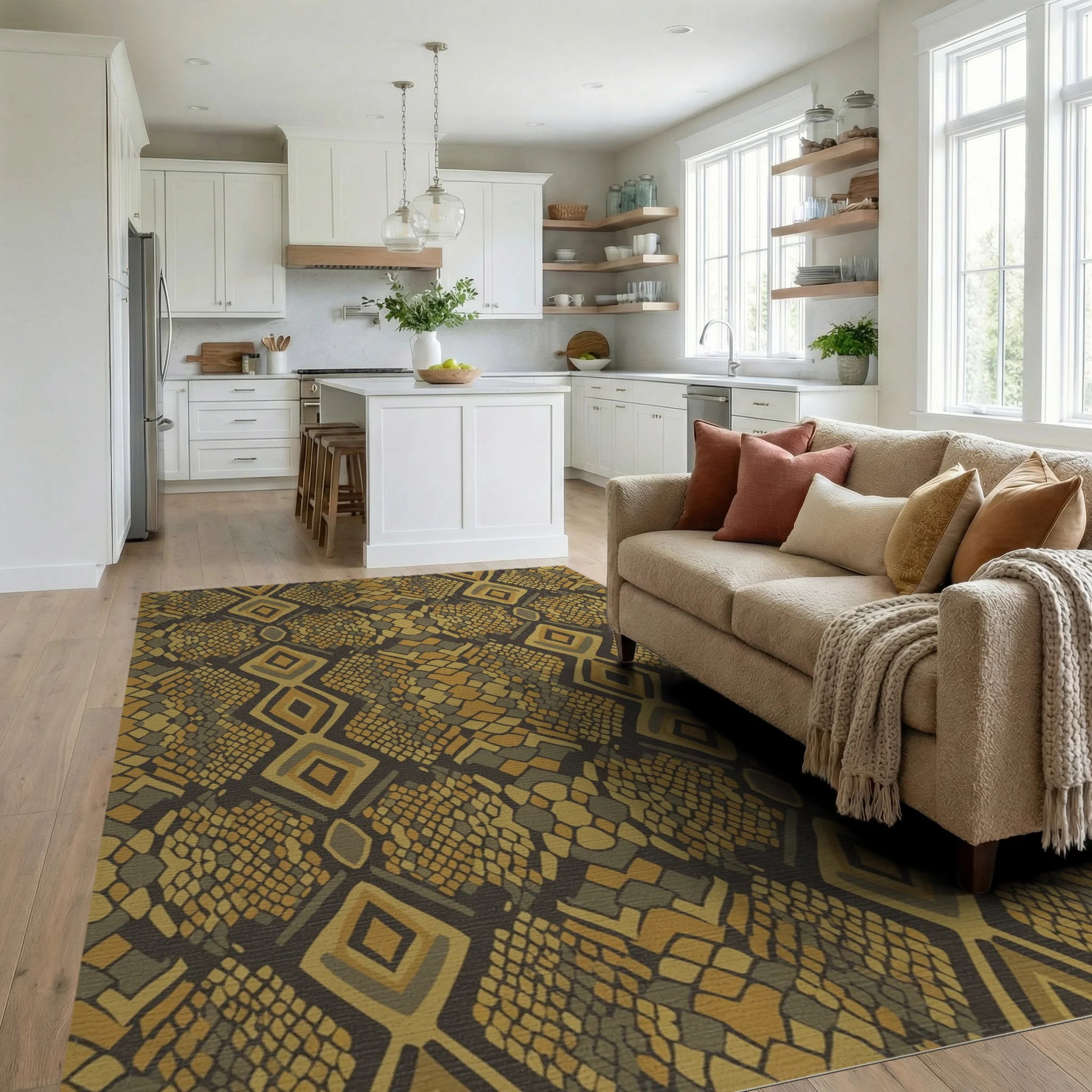 Earthy Serpent Scale Diamond Medallion Rug Living Room View