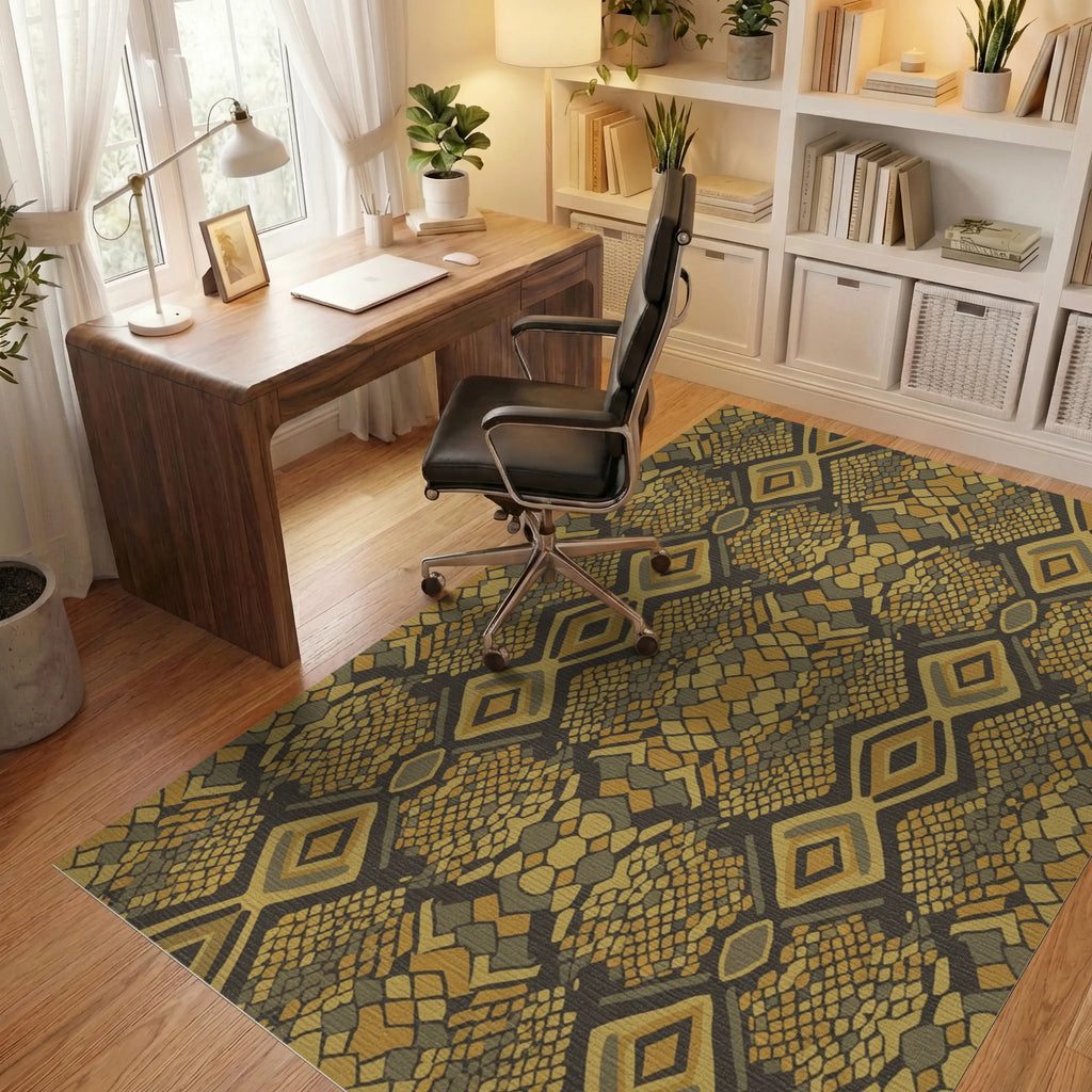 Earthy Serpent Scale Diamond Medallion Rug Office View